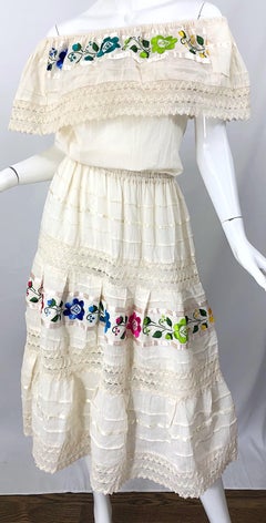 1970s Ivory Cotton Colrful Embroidered Flowers Off Shoulder Vintage Boho Dress