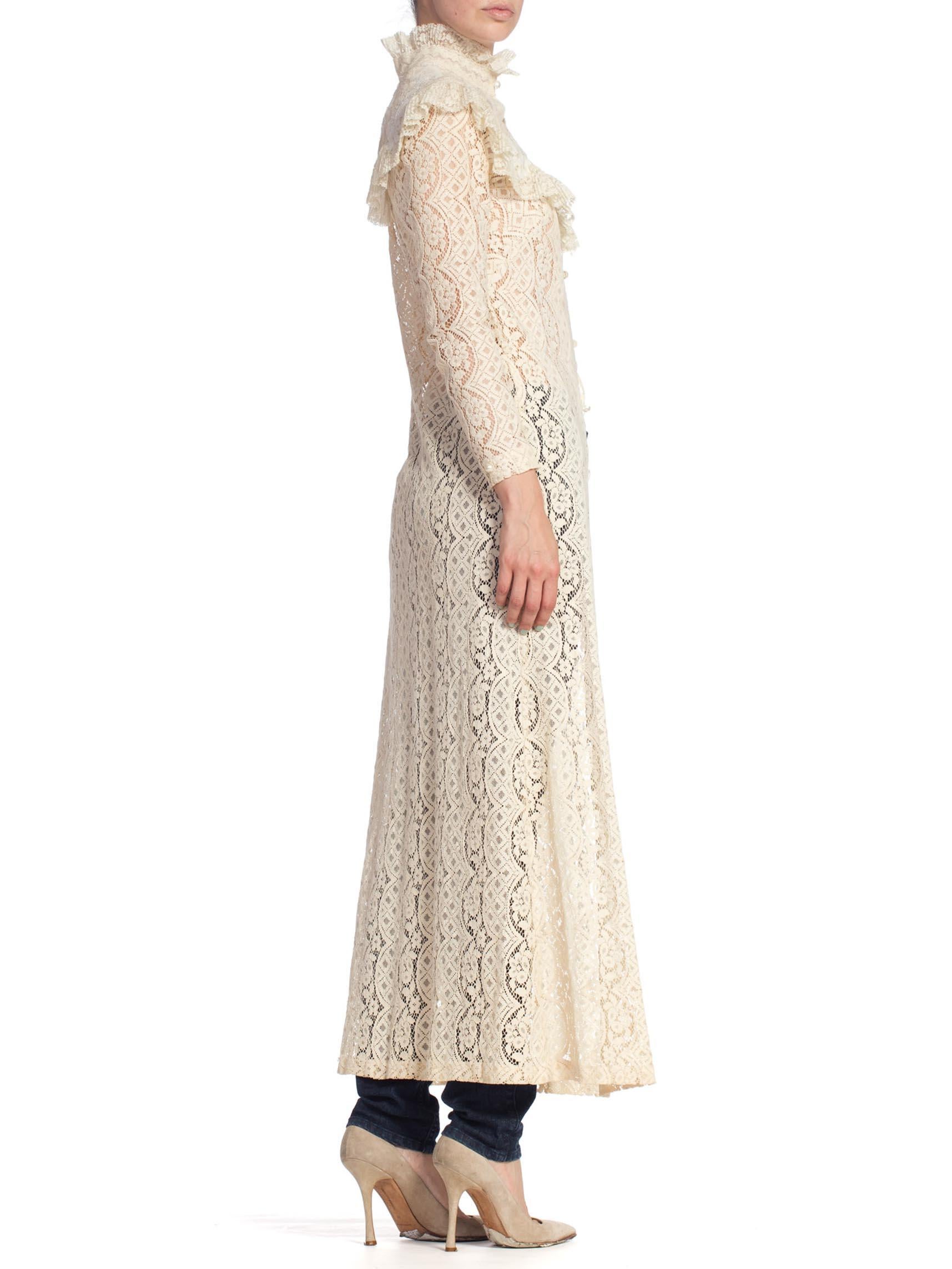 Beige 1970'S Ivory Cotton Lace Victorian Revival Duster Dress