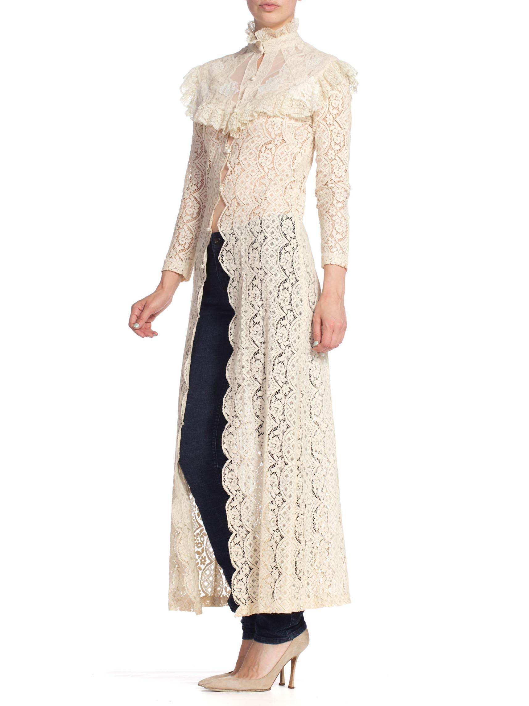 Women's 1970'S Ivory Cotton Lace Victorian Revival Duster Dress