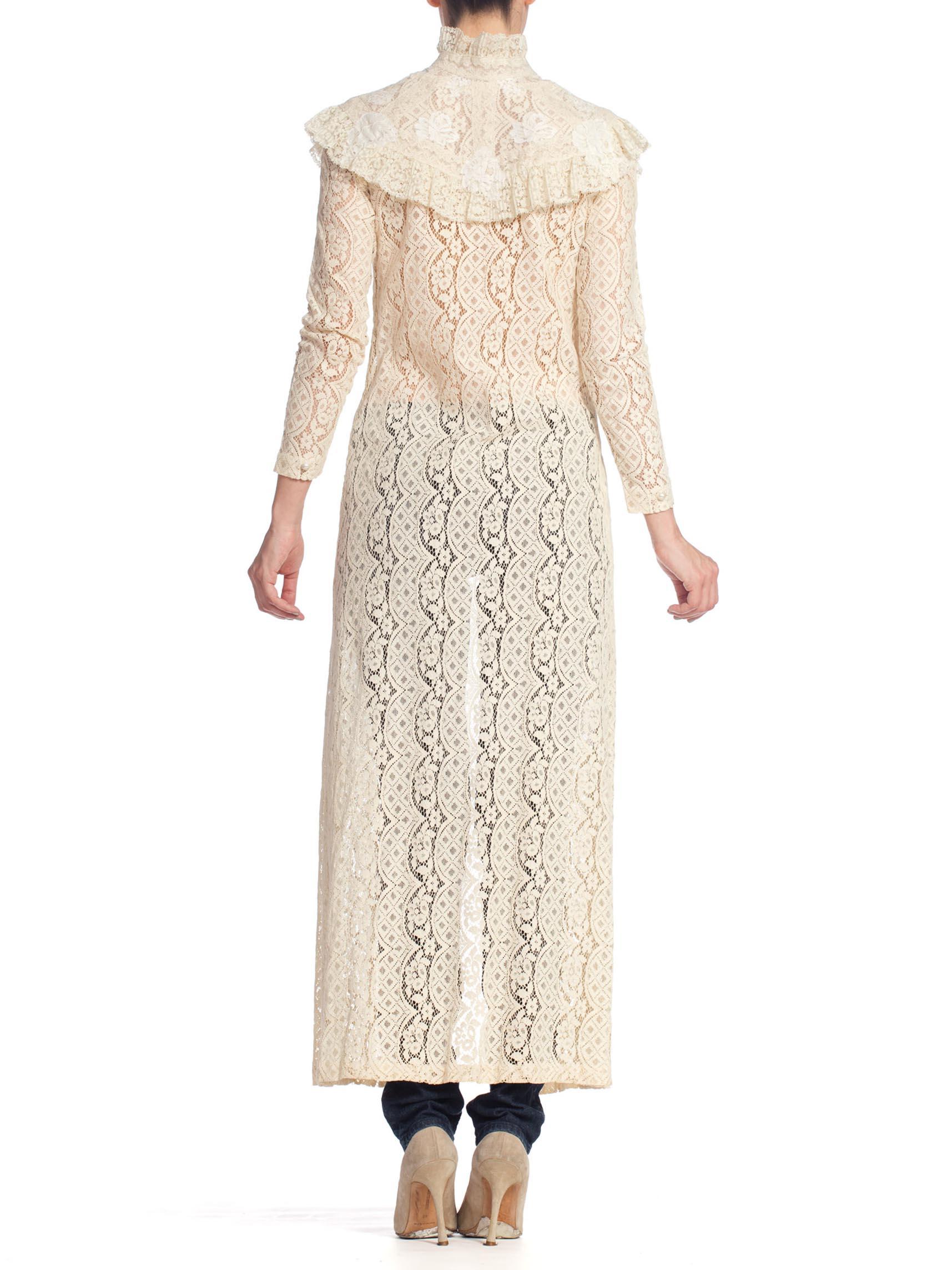 1970'S Ivory Cotton Lace Victorian Revival Duster Dress 1