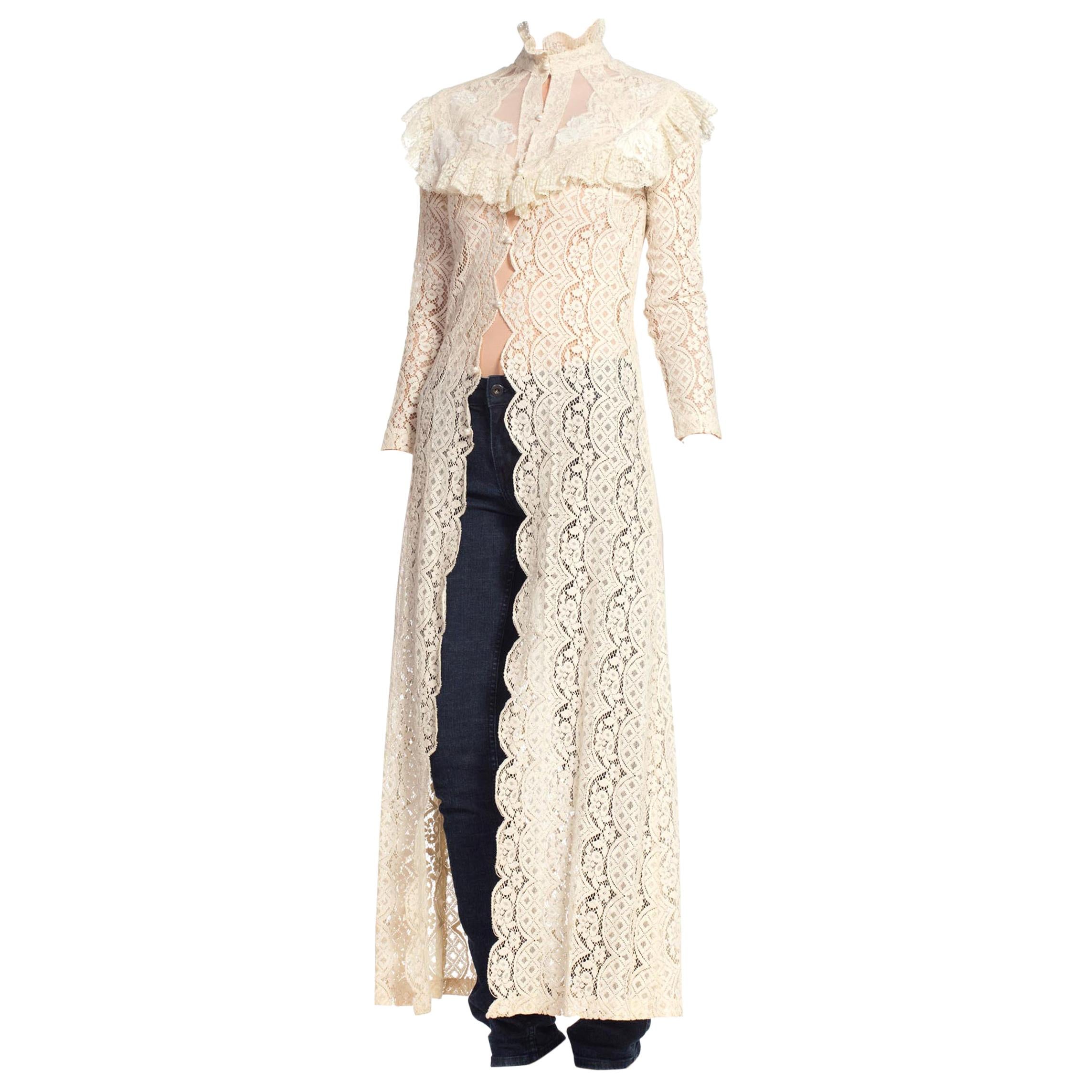 1970'S Ivory Cotton Lace Victorian Revival Duster Dress