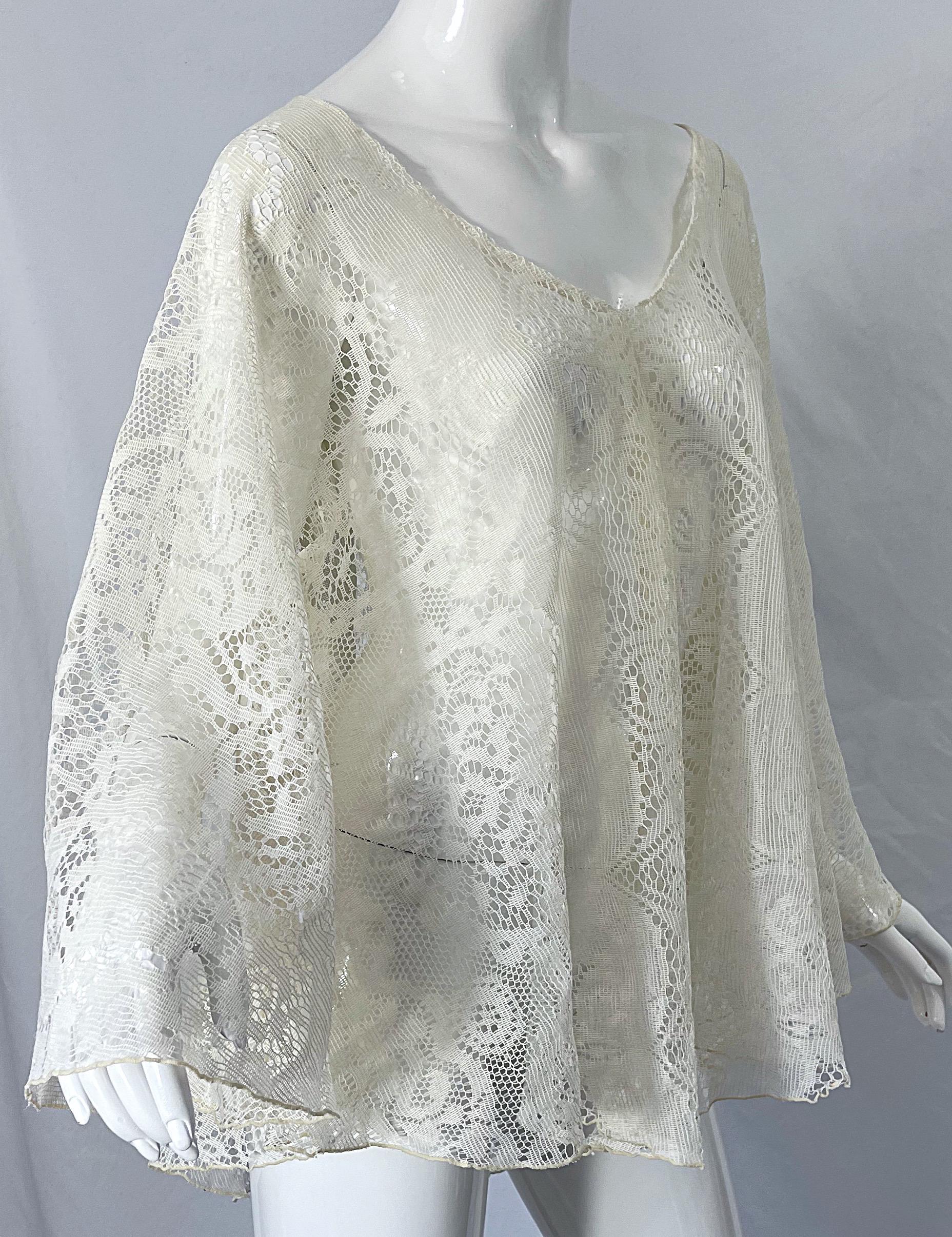 1970s Ivory Lace Bell Sleeve Kimono Poncho Style Vintage 70s Boho Top Shirt 2