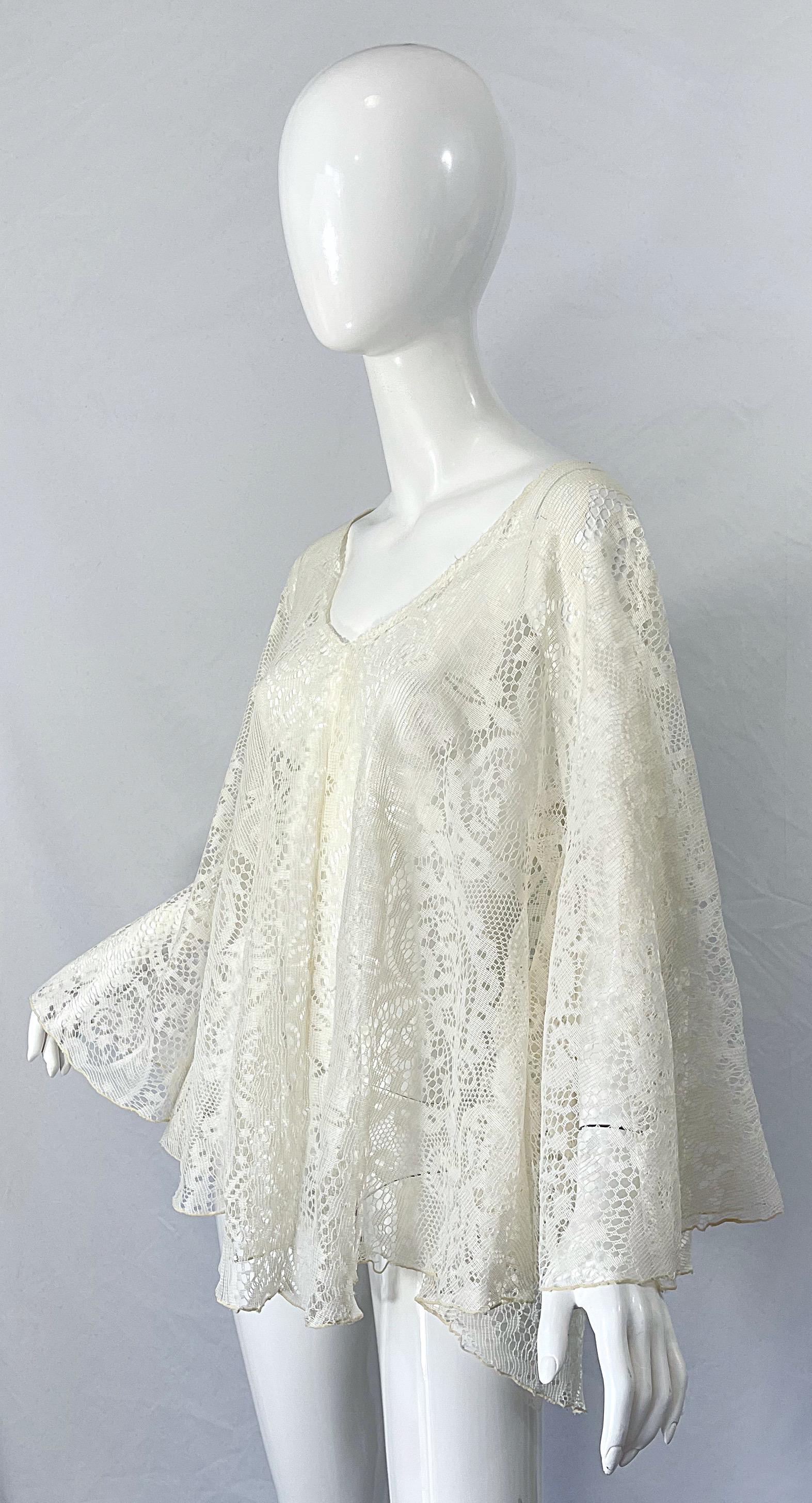 1970s Ivory Lace Bell Sleeve Kimono Poncho Style Vintage 70s Boho Top Shirt 3