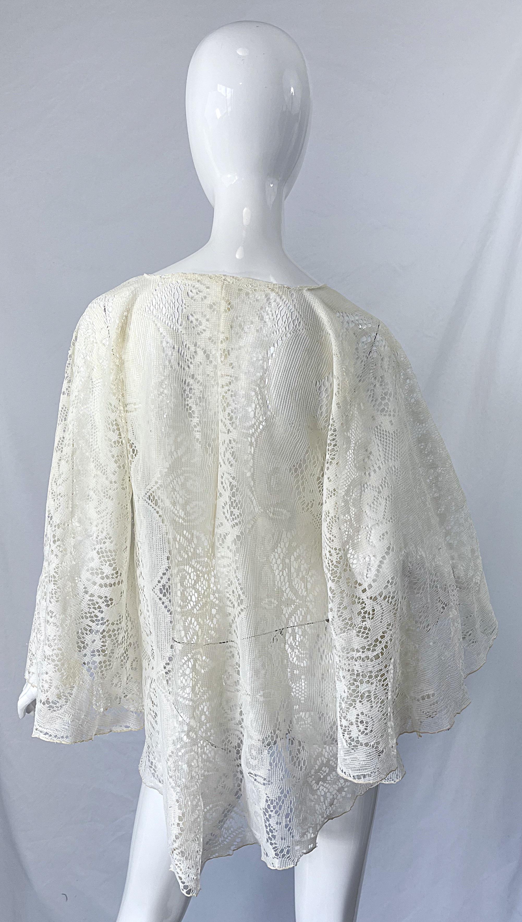 1970s Ivory Lace Bell Sleeve Kimono Poncho Style Vintage 70s Boho Top Shirt 4