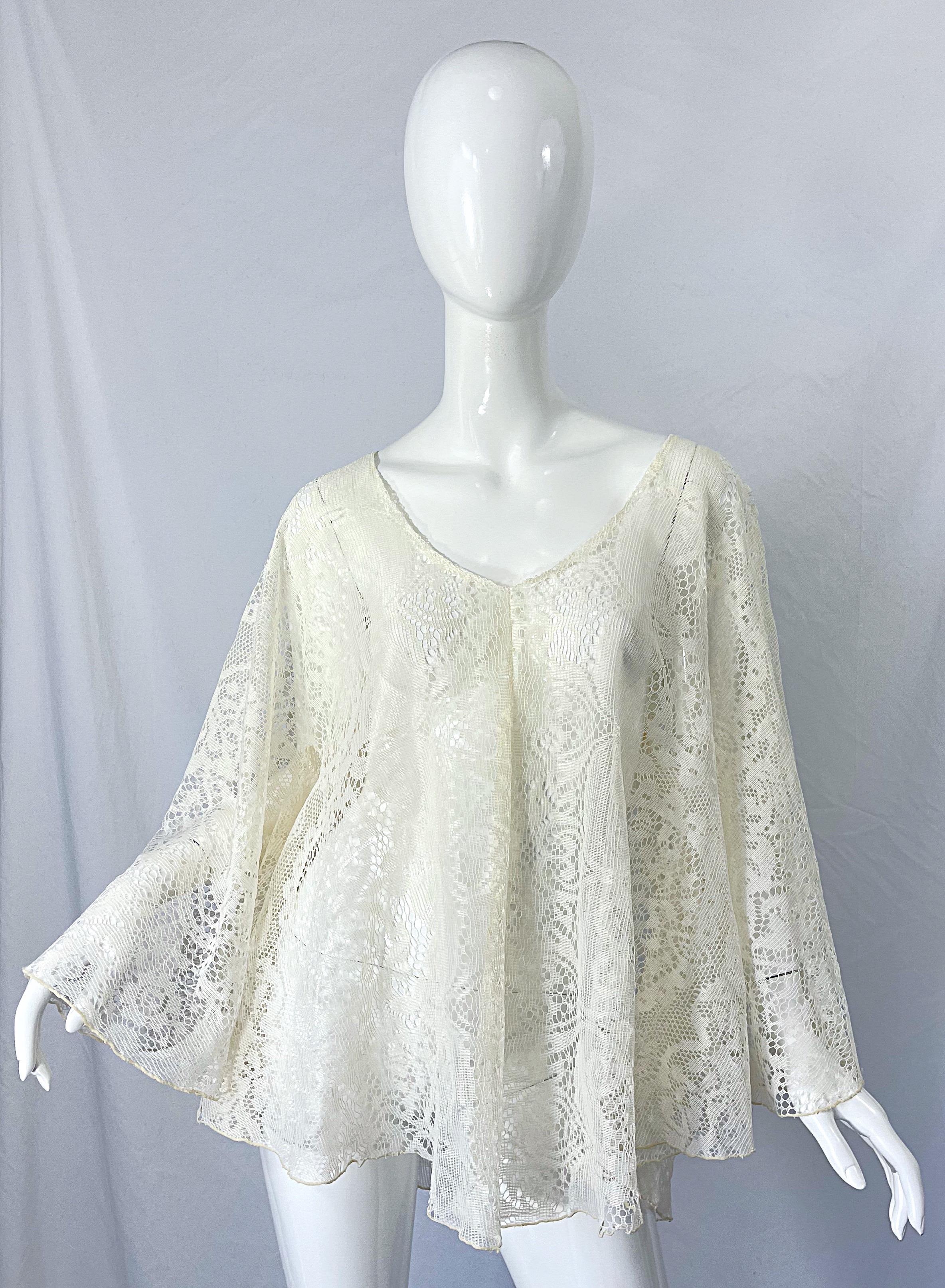 1970s Ivory Lace Bell Sleeve Kimono Poncho Style Vintage 70s Boho Top Shirt 5