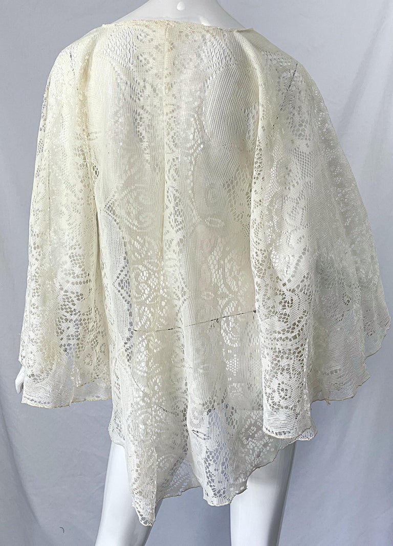 1970s Ivory Lace Bell Sleeve Kimono Poncho Style Vintage 70s Boho Top ...