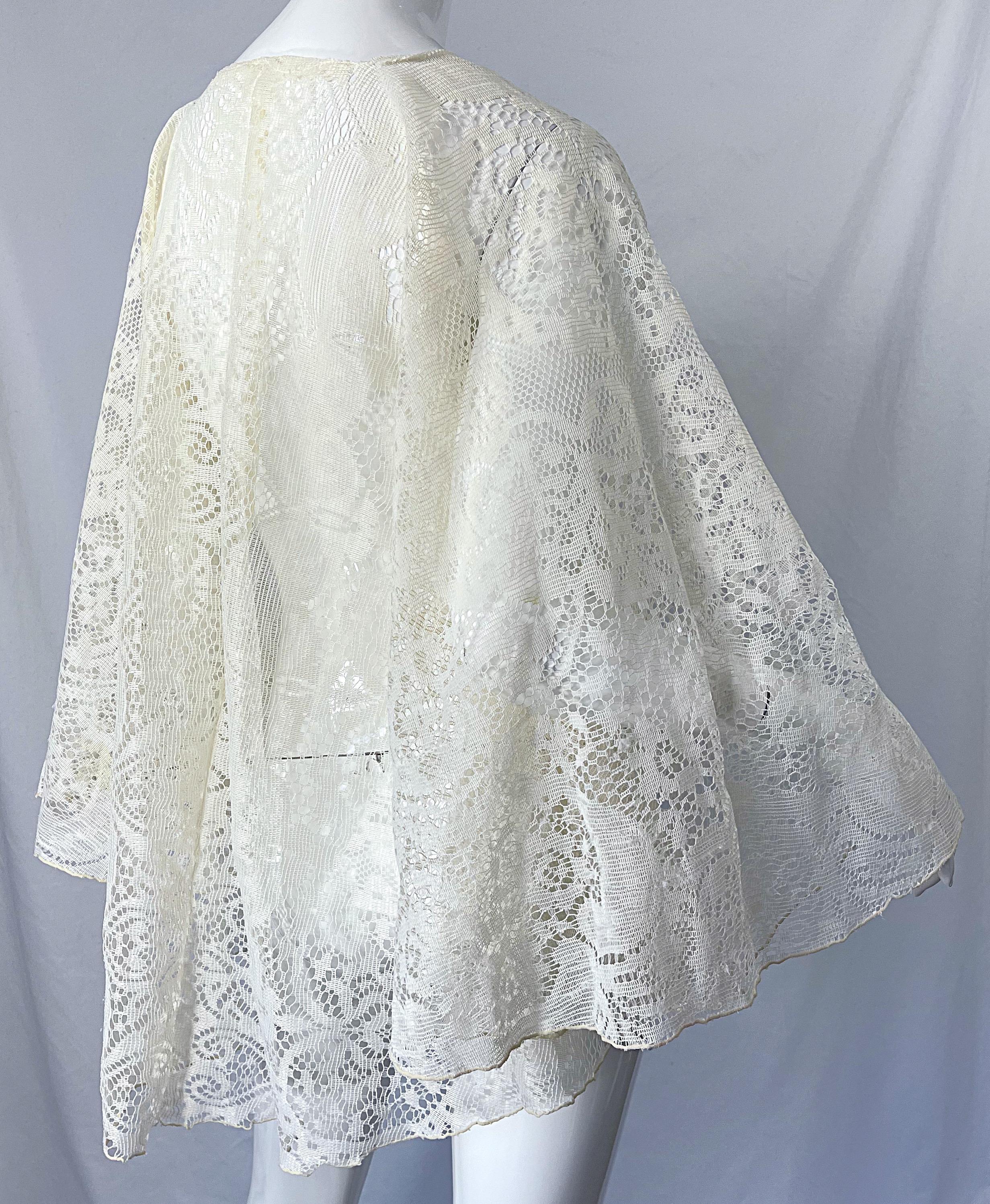 1970s Ivory Lace Bell Sleeve Kimono Poncho Style Vintage 70s Boho Top Shirt 1