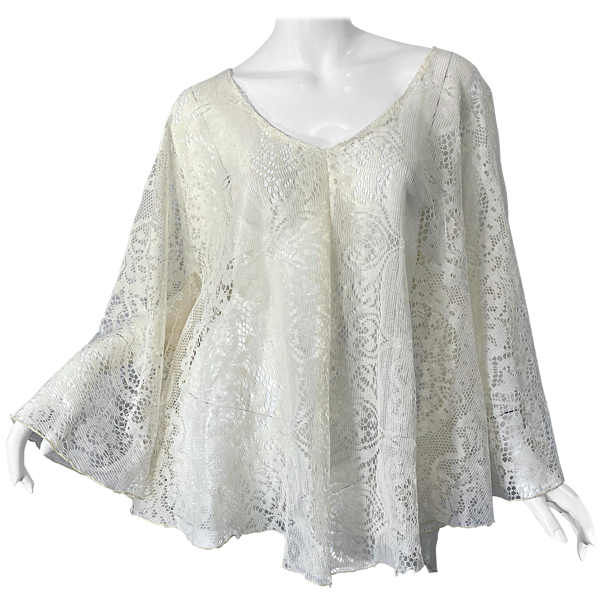 1970s Ivory Lace Bell Sleeve Kimono Poncho Style Vintage 70s Boho Top Shirt