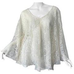 1970s Ivory Lace Bell Sleeve Kimono Poncho Style Vintage 70s Boho Top Shirt
