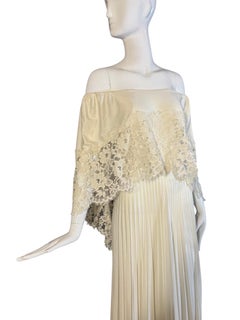1970s Ivory Lace Off-Shoulder Pleated Vintage Wedding or Reception Gown