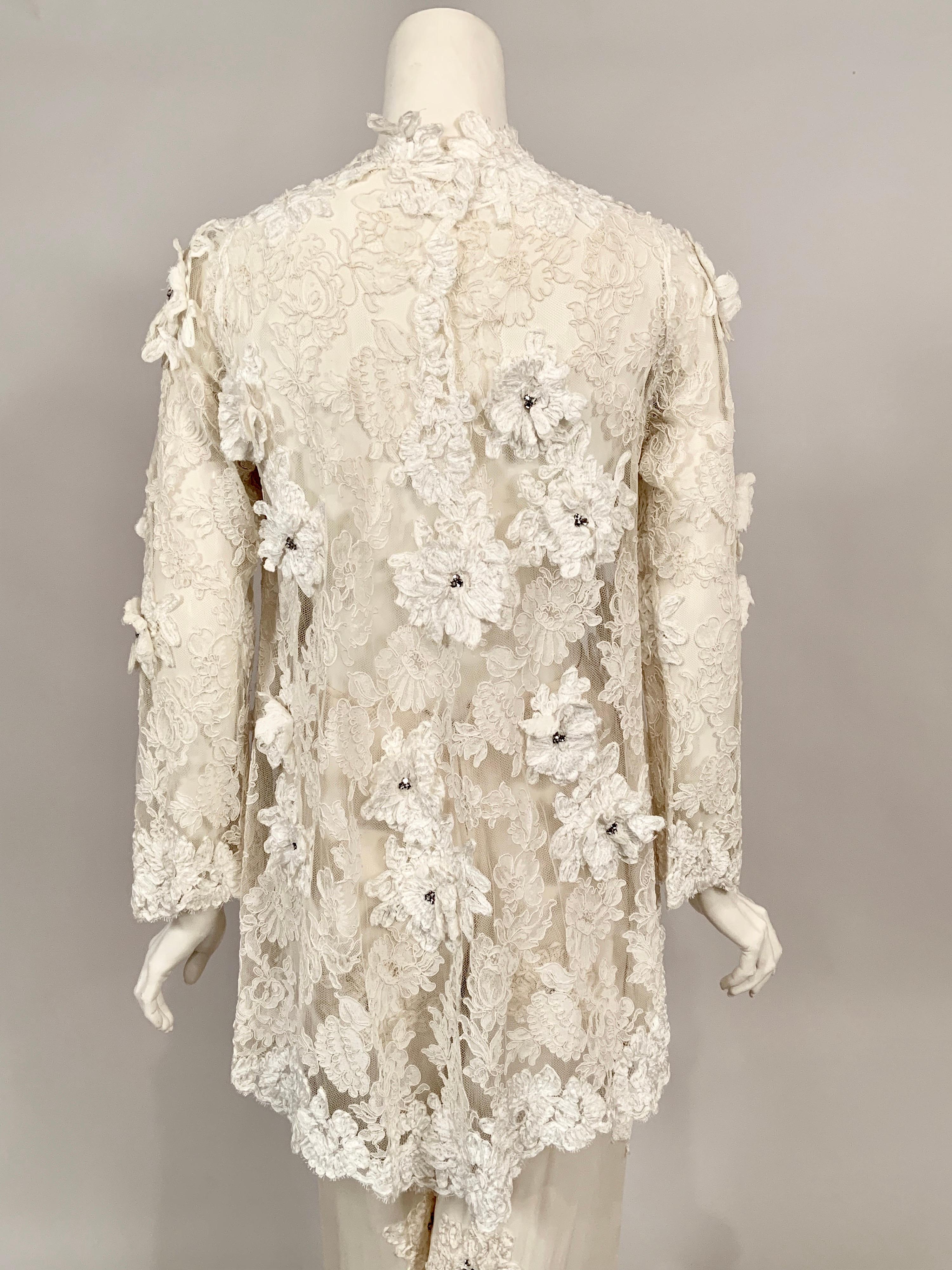 1970's Ivory Lace Tunic and Chiffon Pants with Ribbon and Rhinestone Appliques 5