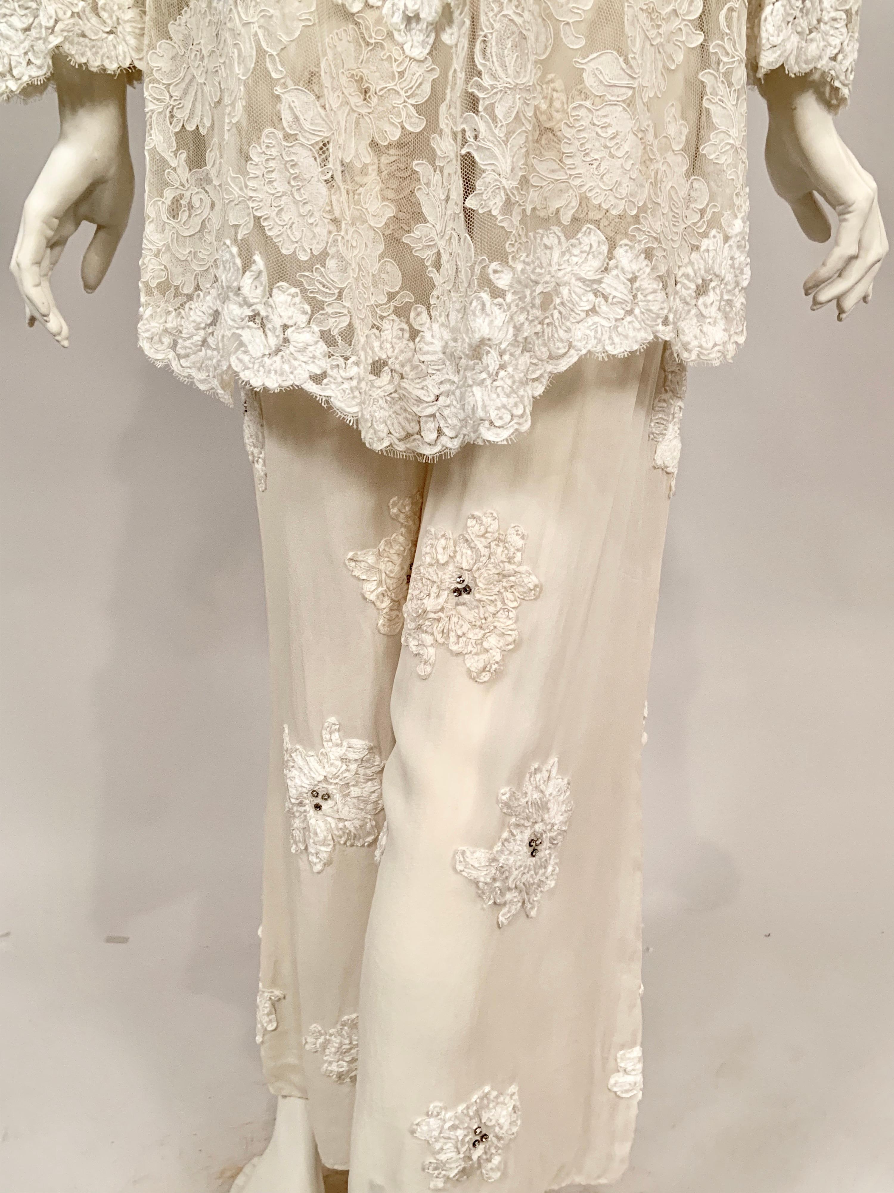 1970's Ivory Lace Tunic and Chiffon Pants with Ribbon and Rhinestone Appliques 7