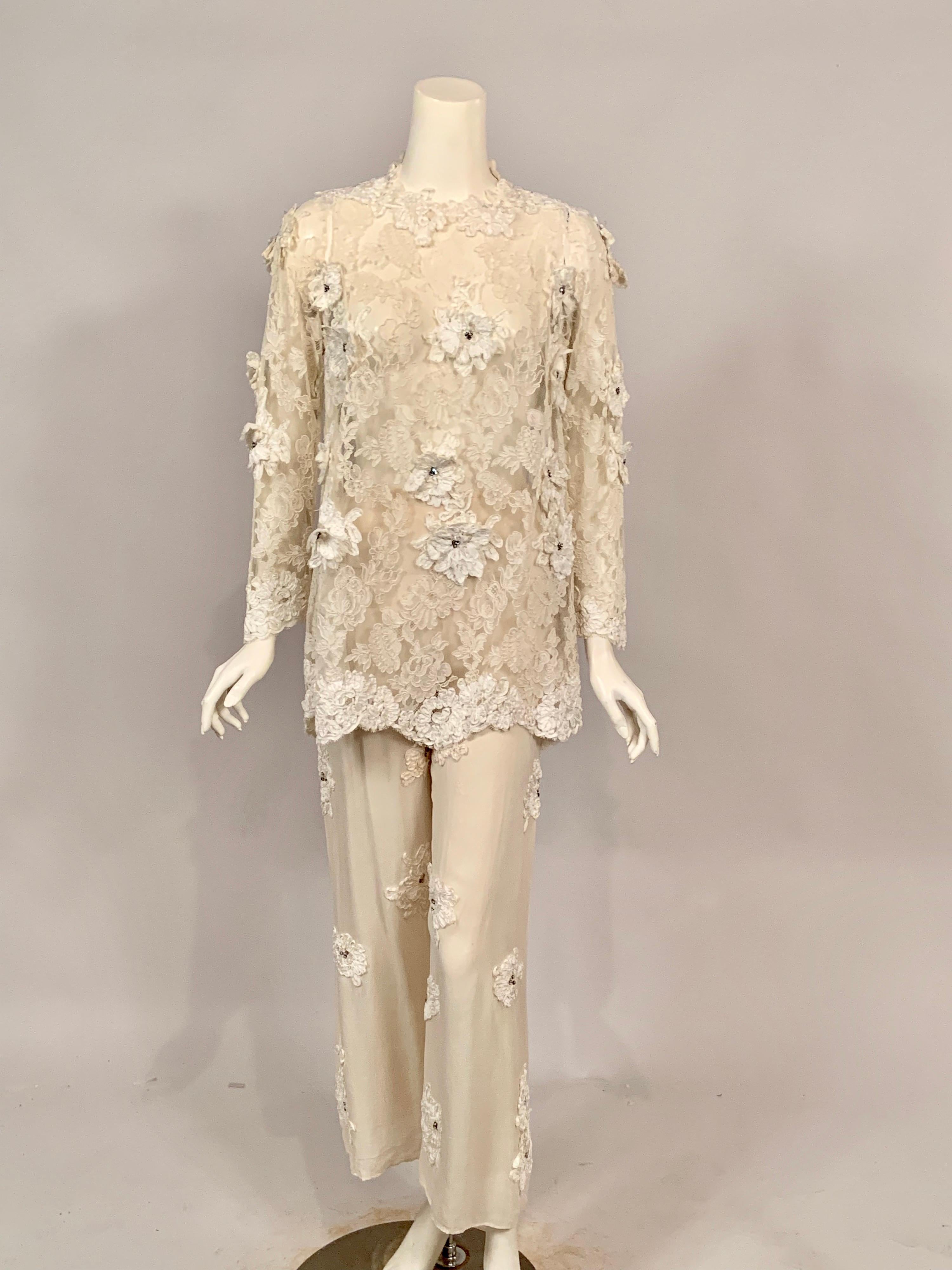 1970's Ivory Lace Tunic and Chiffon Pants with Ribbon and Rhinestone Appliques 8