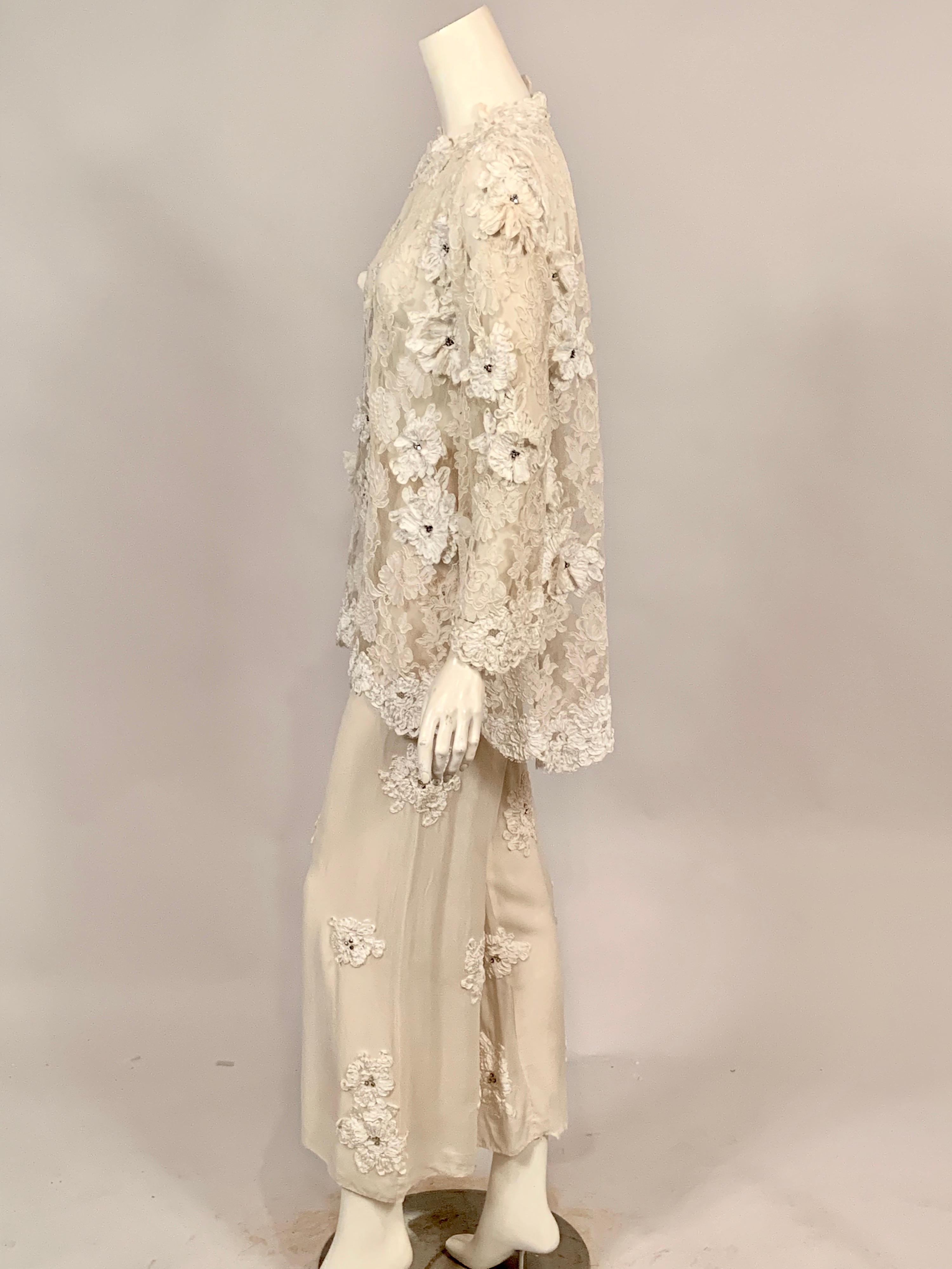Women's 1970's Ivory Lace Tunic and Chiffon Pants with Ribbon and Rhinestone Appliques