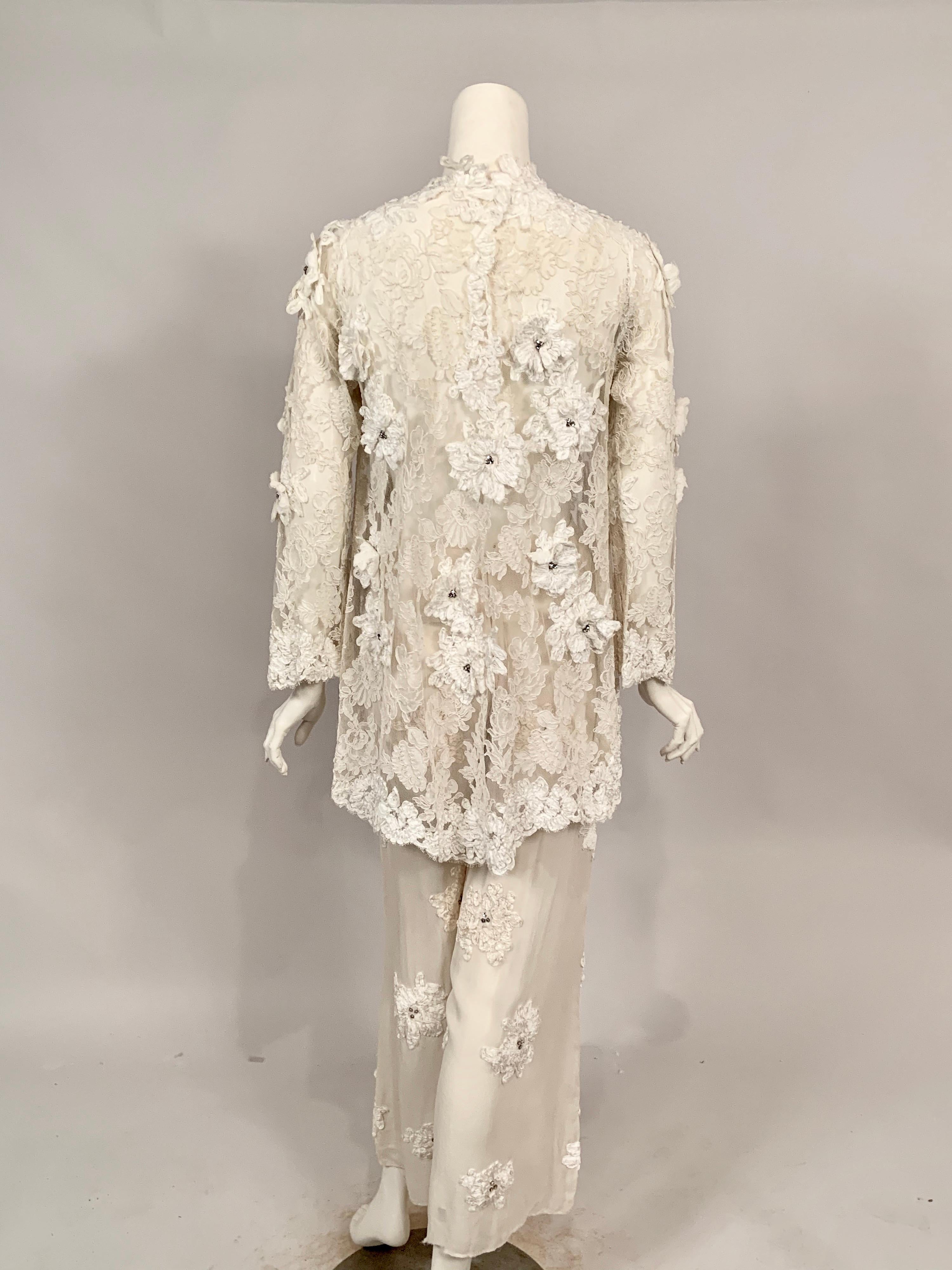 1970's Ivory Lace Tunic and Chiffon Pants with Ribbon and Rhinestone Appliques 4