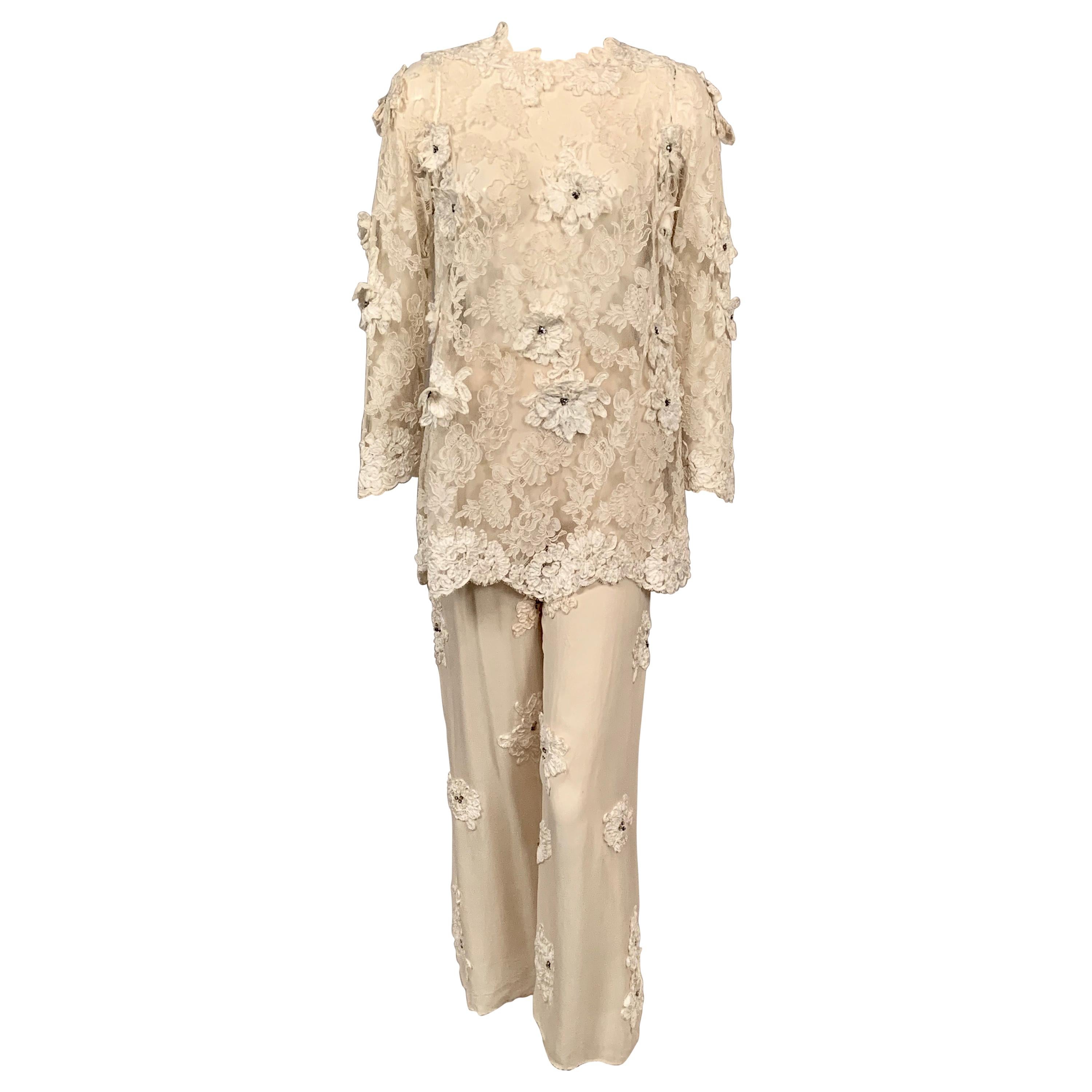 1970's Ivory Lace Tunic and Chiffon Pants with Ribbon and Rhinestone Appliques