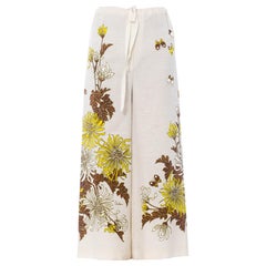 Vintage 1970S Ivory Poly Blend Palazzo Pants With Yellow Butterfly & Flowers Print