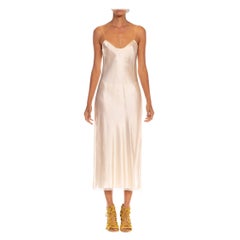 1970S Ivory Silk Bias Cut Slip Dress With Lace Trim