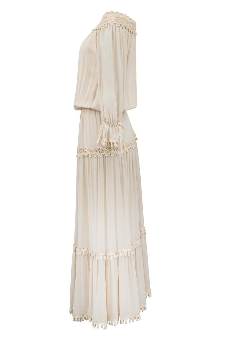 1970s Ivory Silk Crepe Couture Boho Dress For Sale at 1stDibs