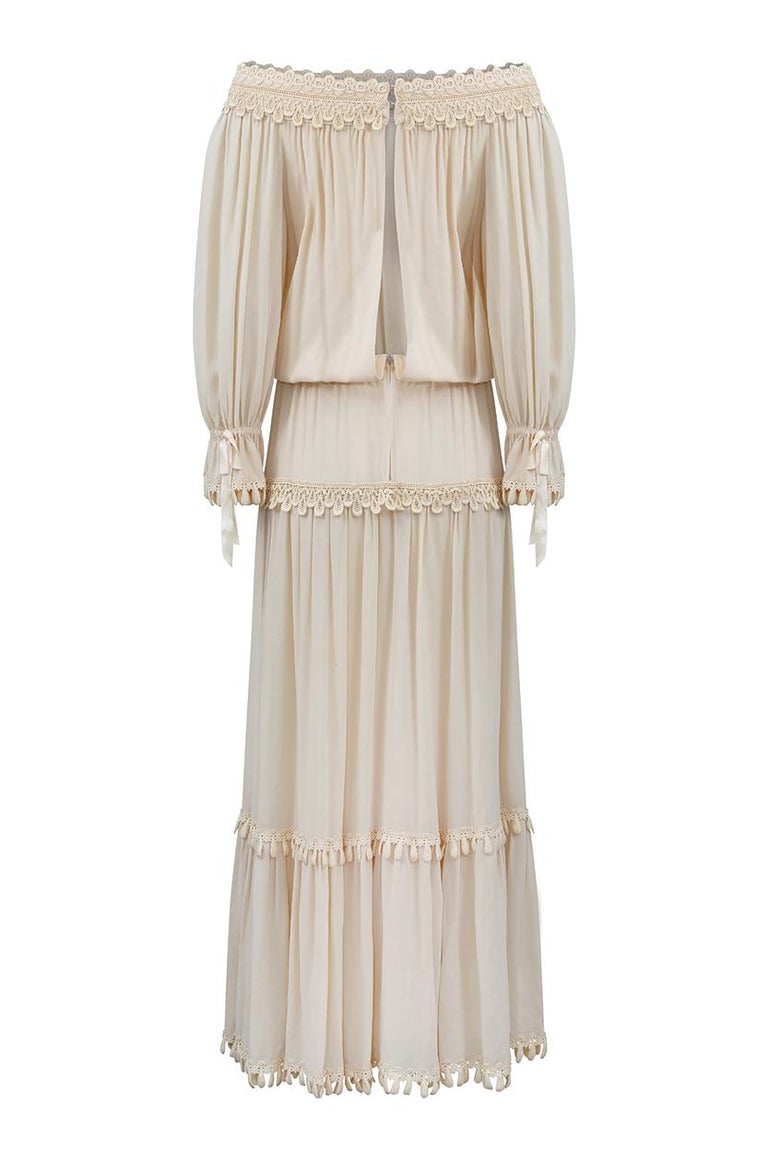 1970s Ivory Silk Crepe Couture Boho Dress For Sale at 1stDibs