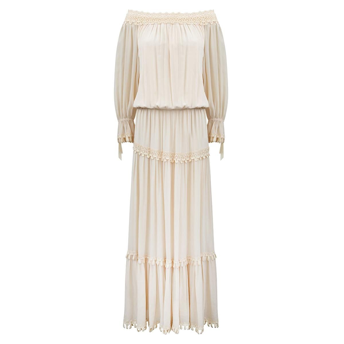 Couture Boho-Kleid aus elfenbeinfarbenem Seidenkrepp, 1970er Jahre im Angebot