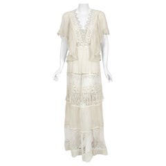 Vintage 1970's Ivory White Mixed-Lace Sheer Cotton Flutter-Sleeve Bohemian Bridal Gown