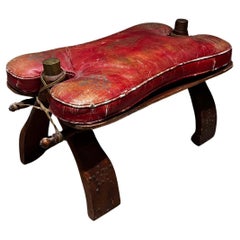 Vintage 1970s Izmir Camel Saddle Foot Stool Red Leather 