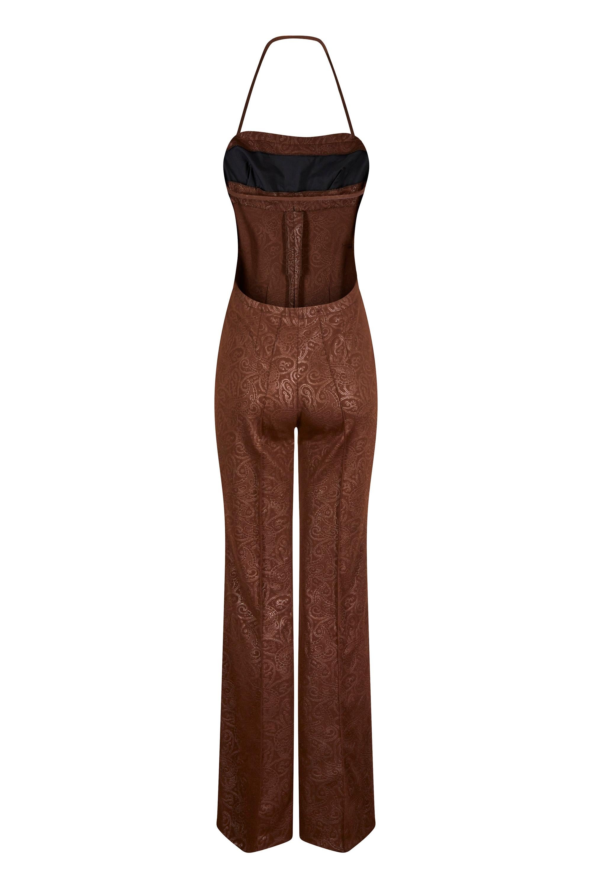 1970s J. Tiktiner Chocolate Brown Halter Neck Jumpsuit With Embossed Print In Excellent Condition In London, GB