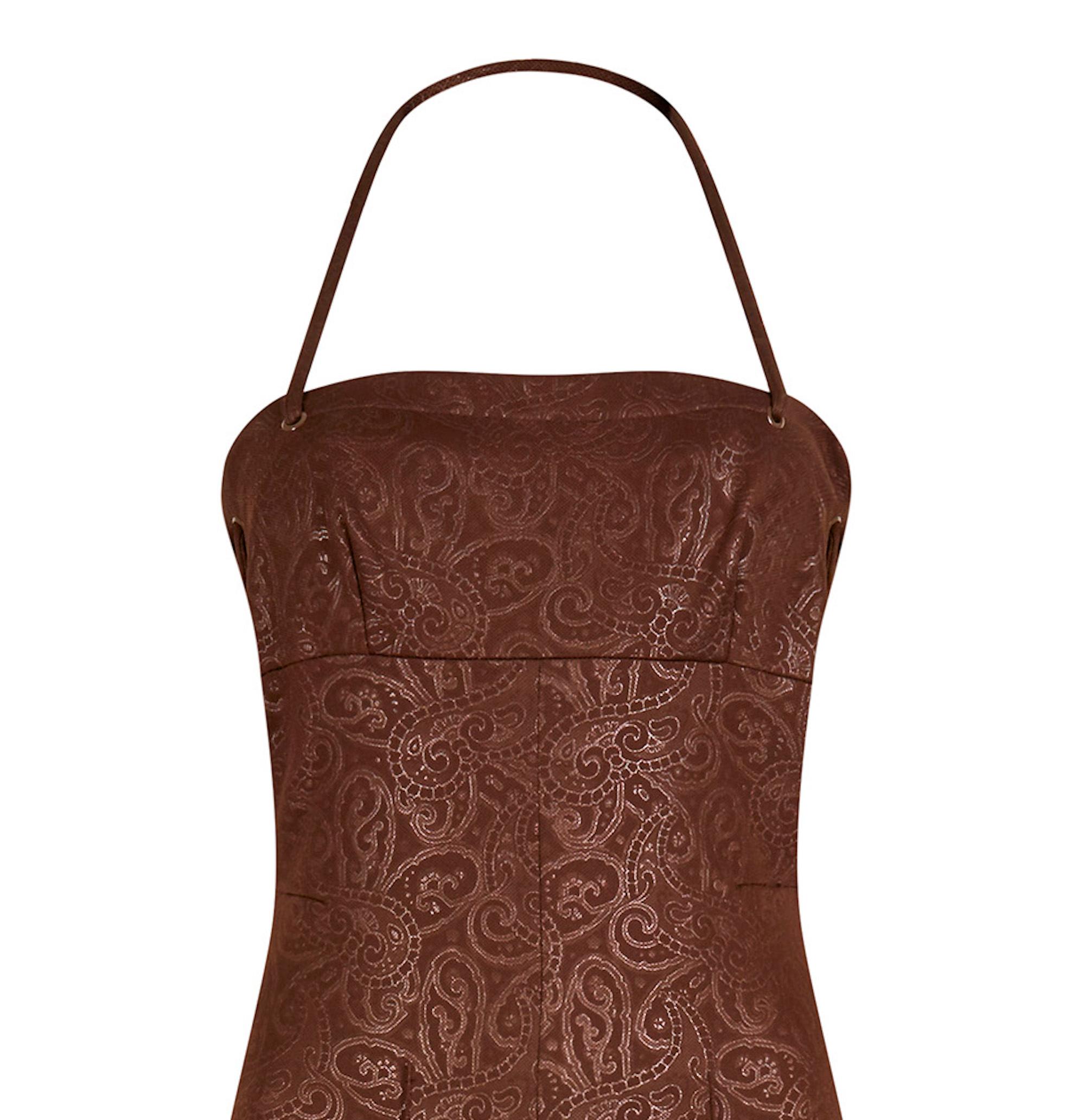 Women's 1970s J. Tiktiner Chocolate Brown Halter Neck Jumpsuit With Embossed Print