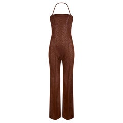 1970s J. Tiktiner Chocolate Brown Halter Neck Jumpsuit With Embossed Print