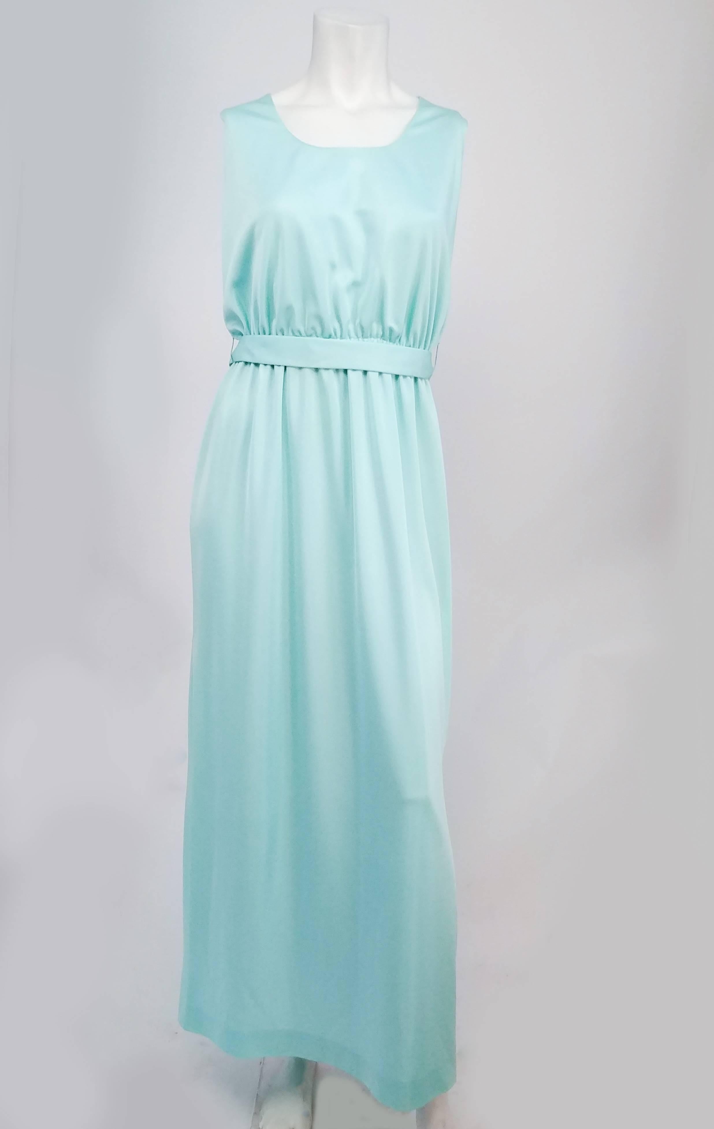 1970s Jack Bryan Seafoam Green Maxi Dress & Beaded Bolero. Sleeveless maxi dress with elasticated waist, matching sash, and beaded bolero jacket with no closures. 