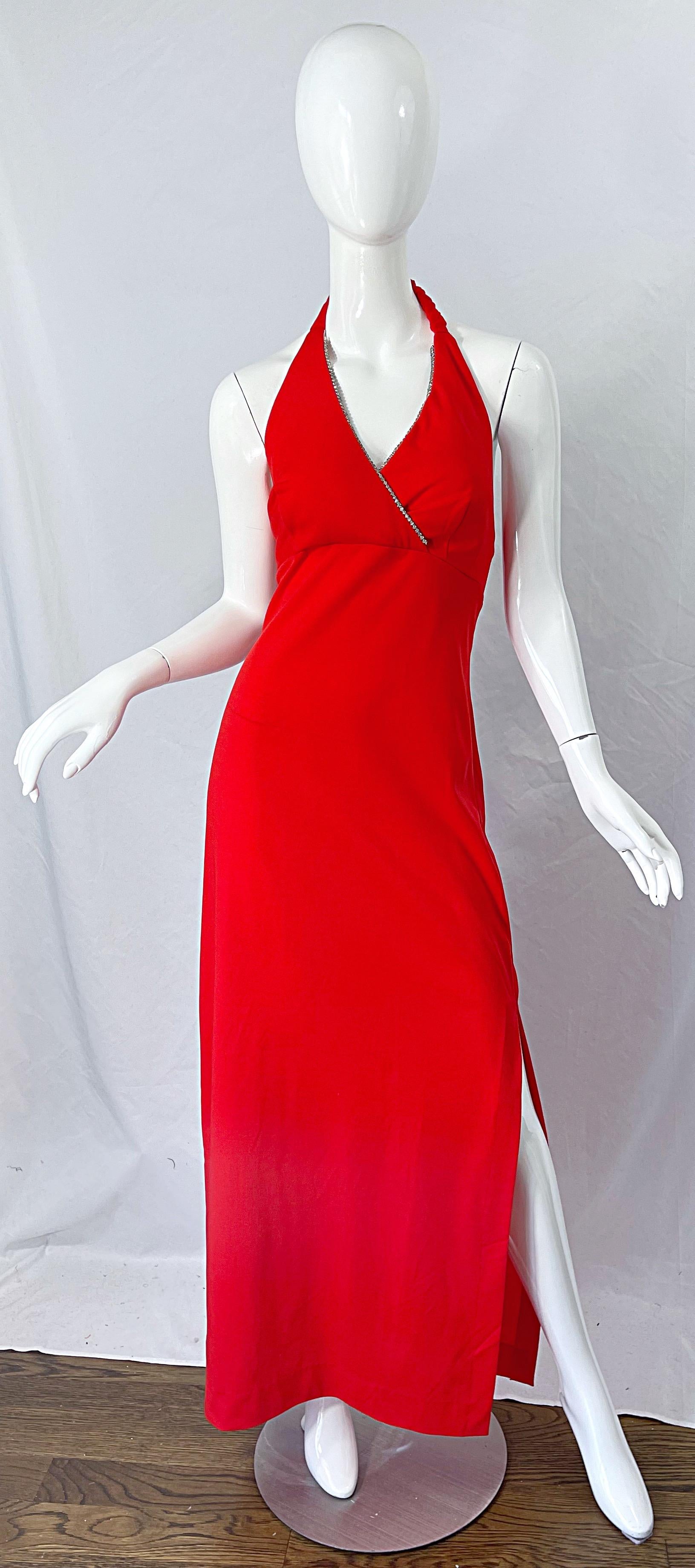 1970s Jack Hartley Lipstick Red Rhinestone Knit Jersey 70s Halter Maxi Dress 7