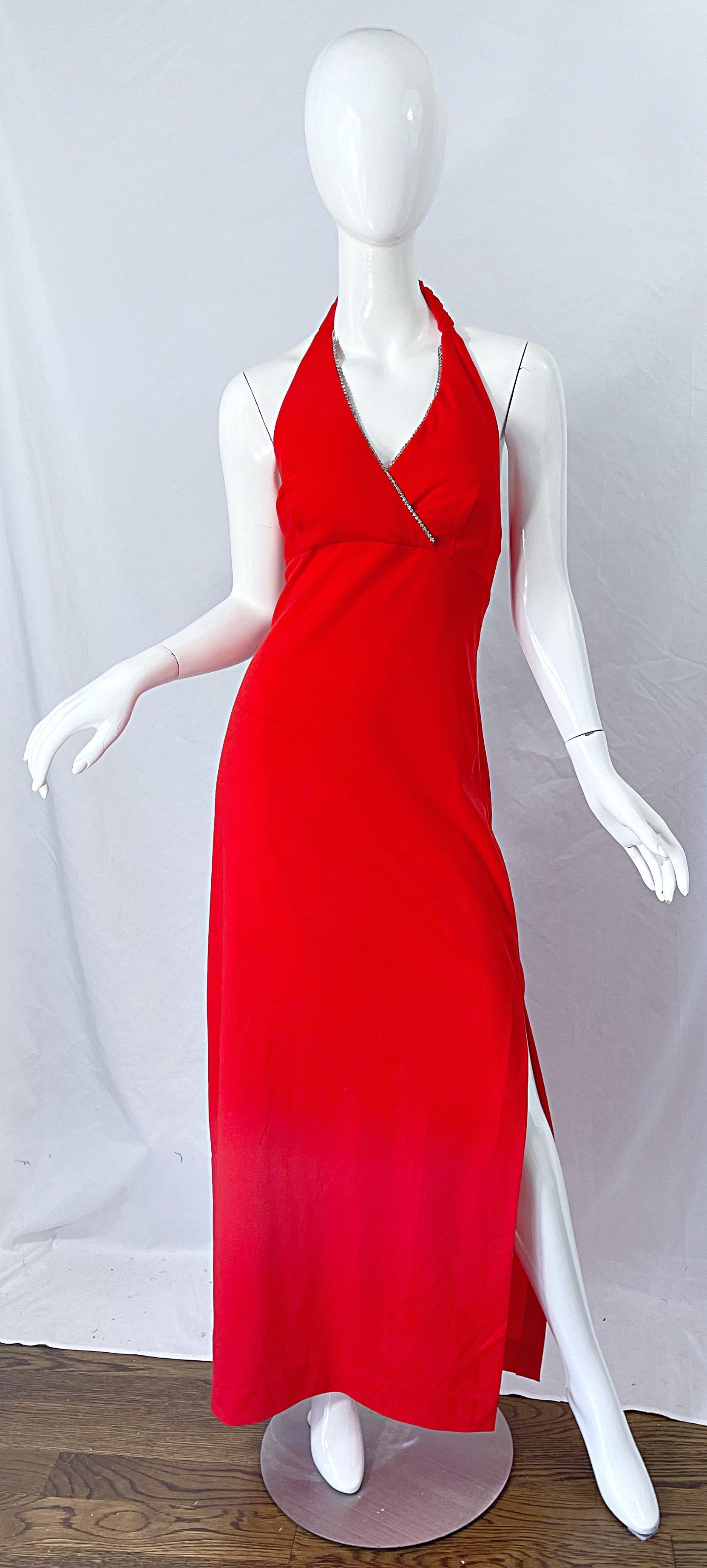 Sexy vintage 1970s JACK HARTLEY lipstick red rhinestone encrusted knit jersey halter maxi dress ! Features rhinestones on the front bust. Hidden zipper up the back with hook-and-eye closure. Slit up the left leg reveals just the right amount of