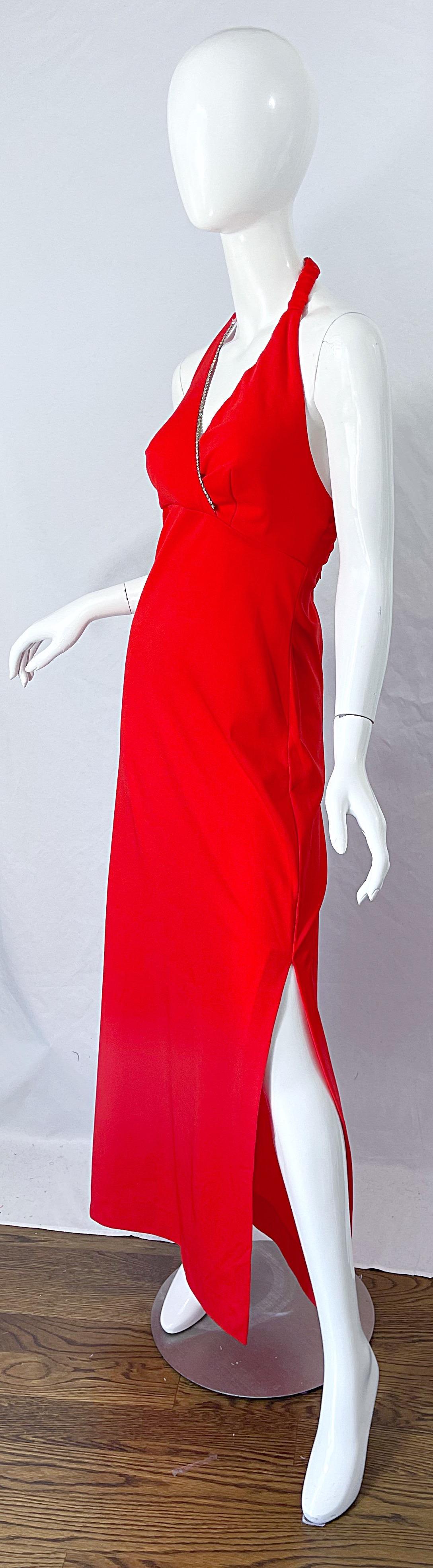 1970s Jack Hartley Lipstick Red Rhinestone Knit Jersey 70s Halter Maxi Dress In Excellent Condition In San Diego, CA