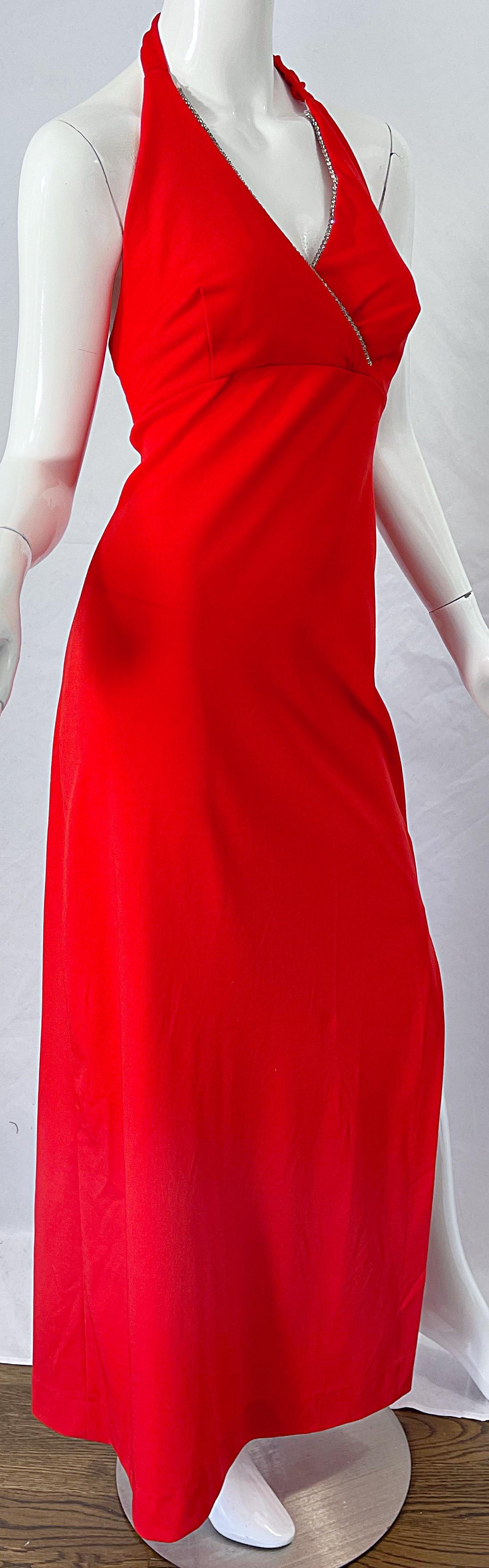 Women's 1970s Jack Hartley Lipstick Red Rhinestone Knit Jersey 70s Halter Maxi Dress