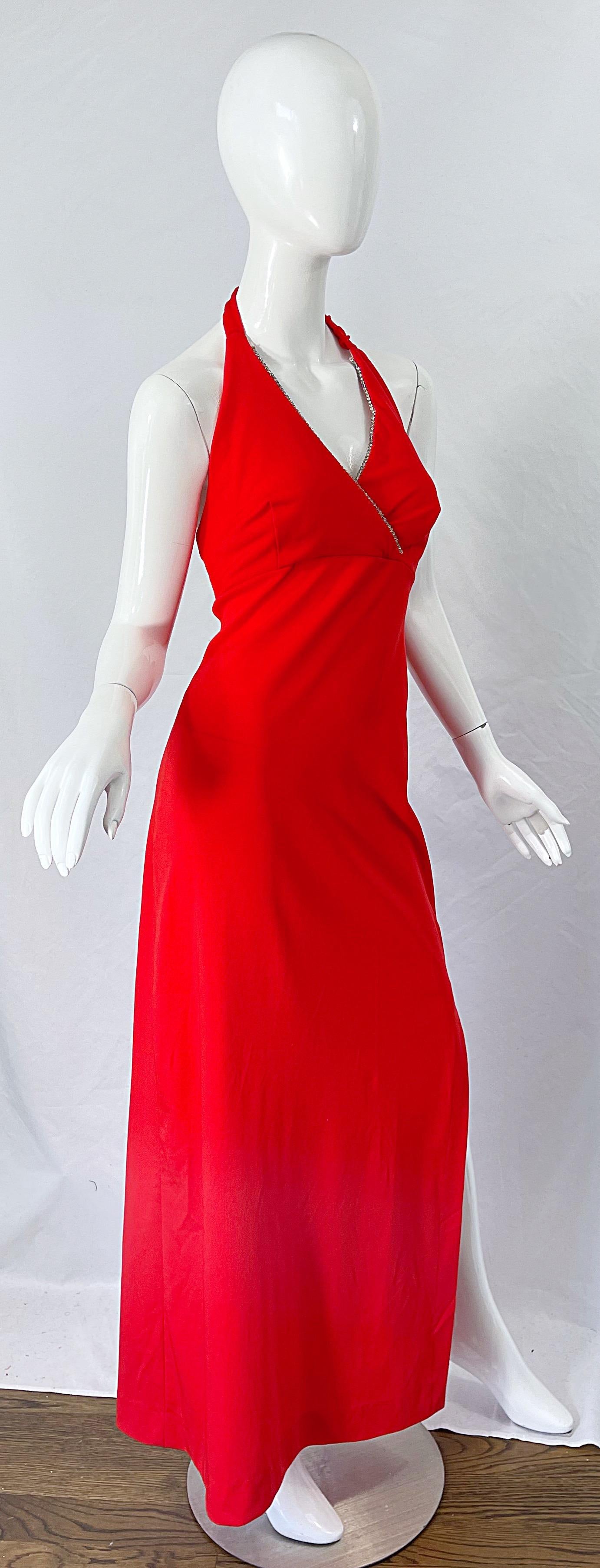 1970s Jack Hartley Lipstick Red Rhinestone Knit Jersey 70s Halter Maxi Dress 2