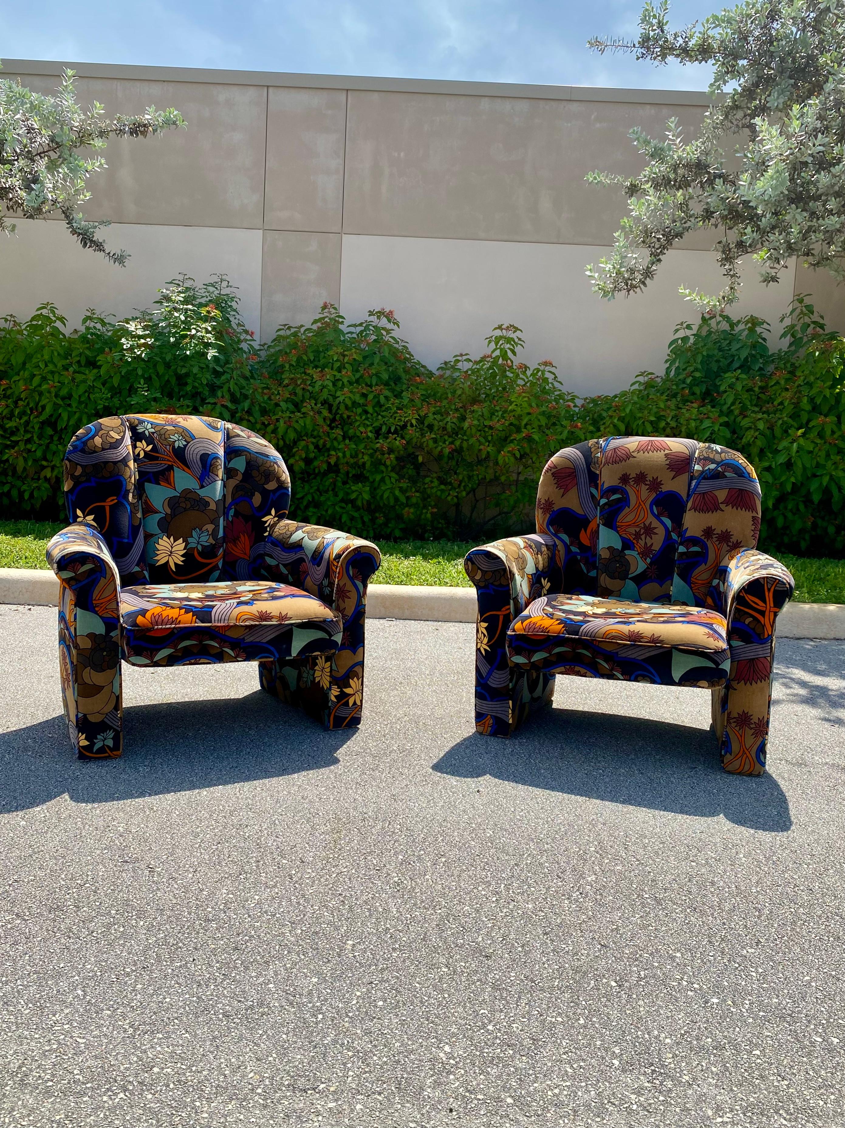 American 1970s Groovy Colorful Mid Century Jack Larsen Barrel Tufted Chairs, Set of 2 For Sale