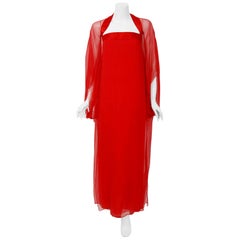 1970
s Jacqueline de Ribes Red Sheer Silk-Chiffon Draped Caftan Goddess Gown