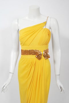 1970's Jacques Cassia Couture Yellow Jersey One-Shoulder Draped Disco Dress