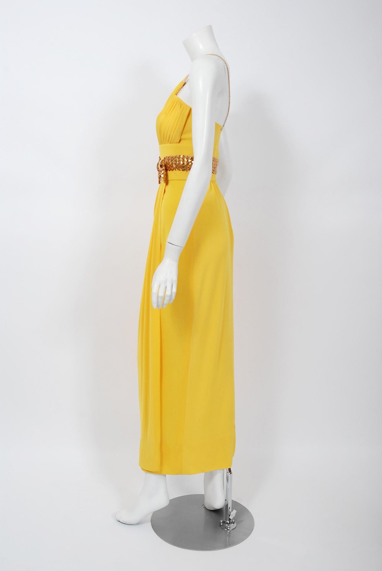 Women's 1970's Jacques Cassia Couture Yellow Jersey One-Shoulder Draped Disco Dress For Sale