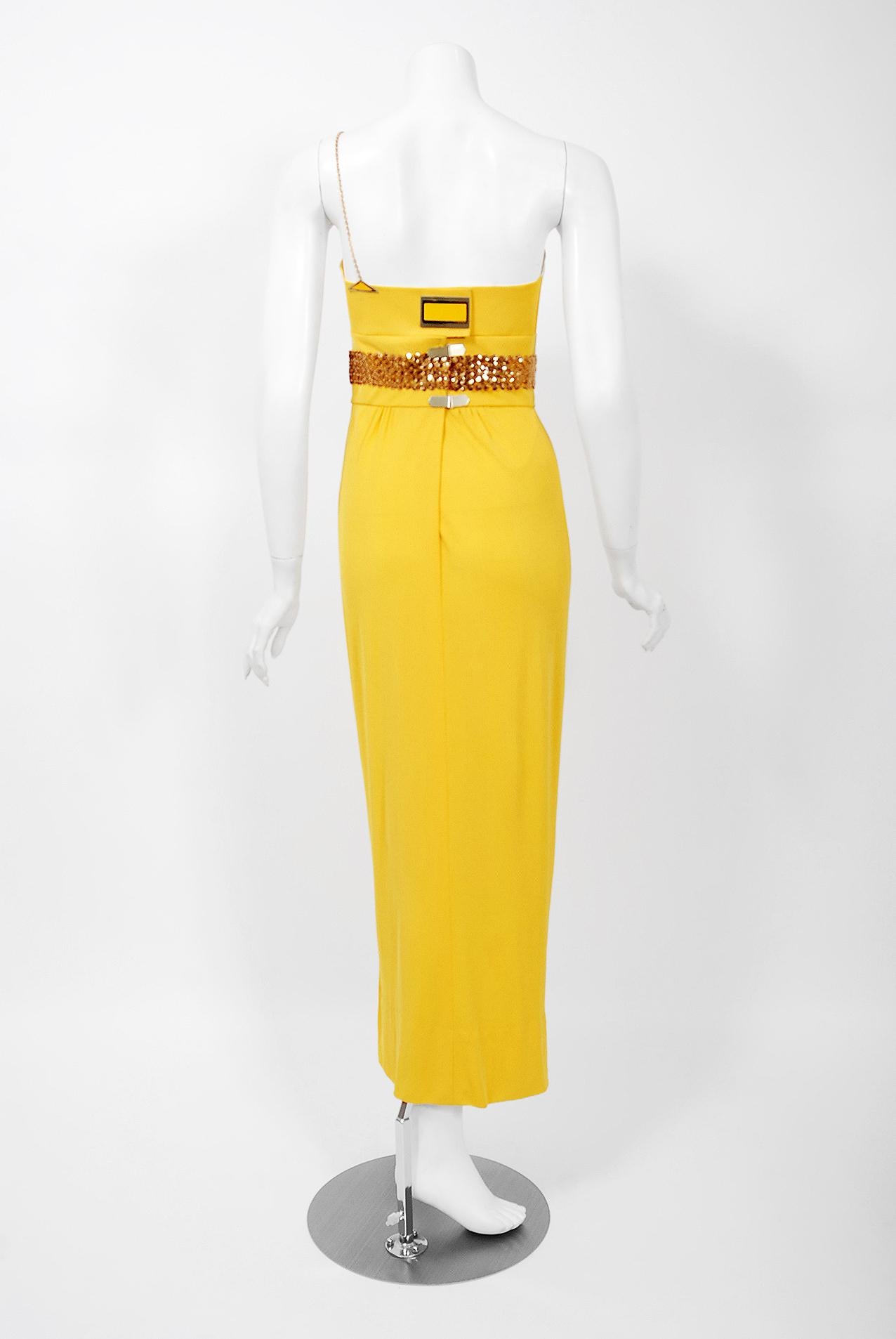 1970's Jacques Cassia Couture Yellow Jersey One-Shoulder Draped Disco Dress For Sale 1