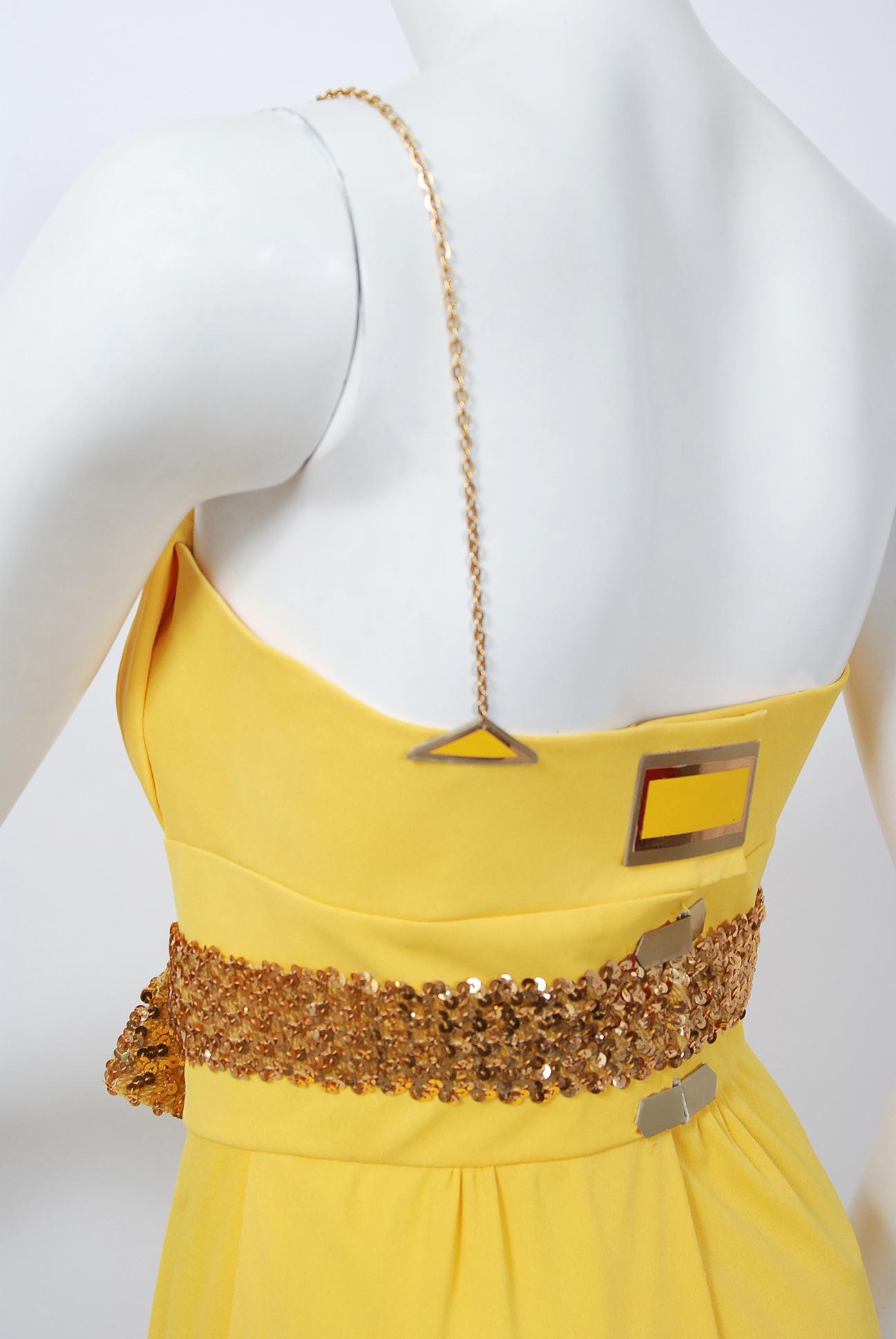 1970's Jacques Cassia Couture Yellow Jersey One-Shoulder Draped Disco Dress For Sale 2