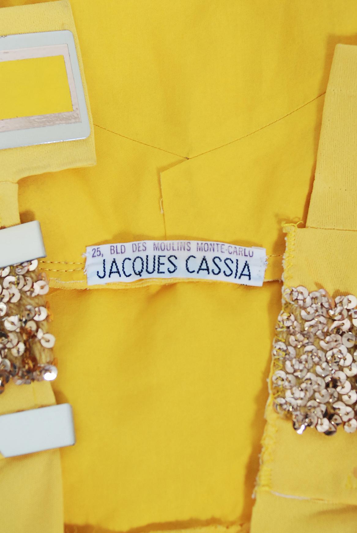 1970's Jacques Cassia Couture Yellow Jersey One-Shoulder Draped Disco Dress For Sale 3