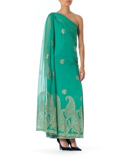 1970S JACQUES DE BERT Arsenic Green Haute Couture Silk & Lurex Chiffon Woven Wi