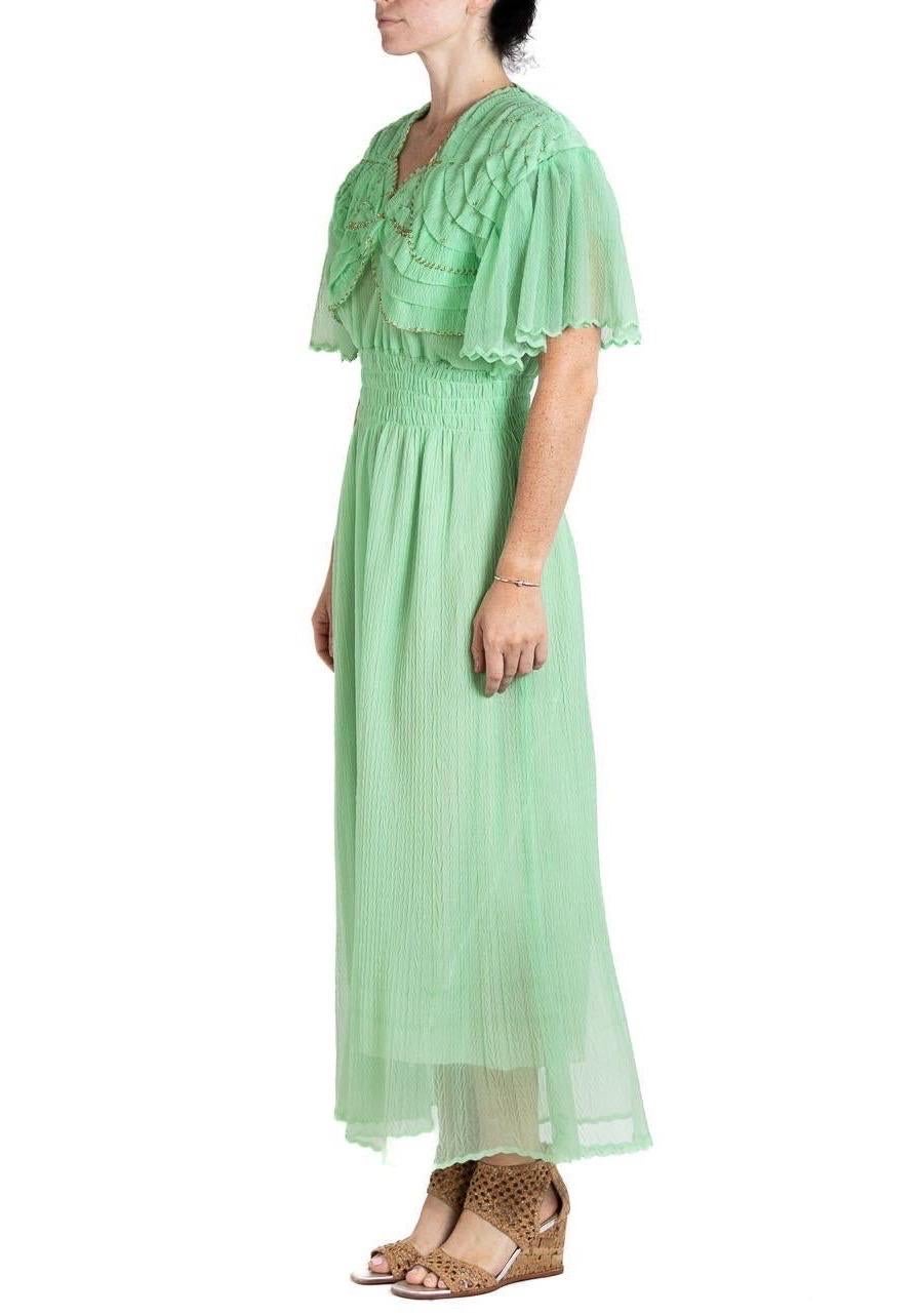 Women's or Men's 1970S Jade Green Poly/Nylon Gown With Couture Detailed Beaded Bodice For Sale
