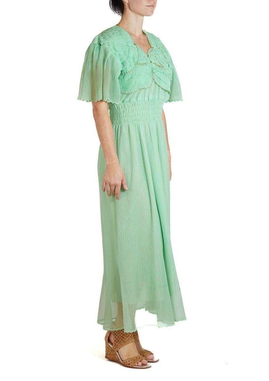 1970S Jade Green Poly/Nylon Gown With Couture Detailed Beaded Bodice For Sale 1