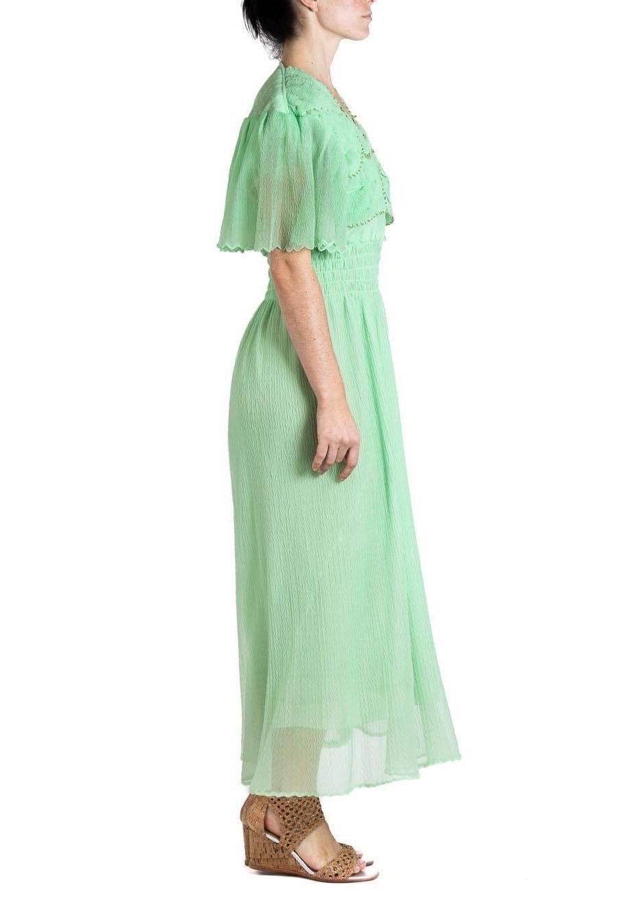 1970S Jade Green Poly/Nylon Gown With Couture Detailed Beaded Bodice For Sale 2