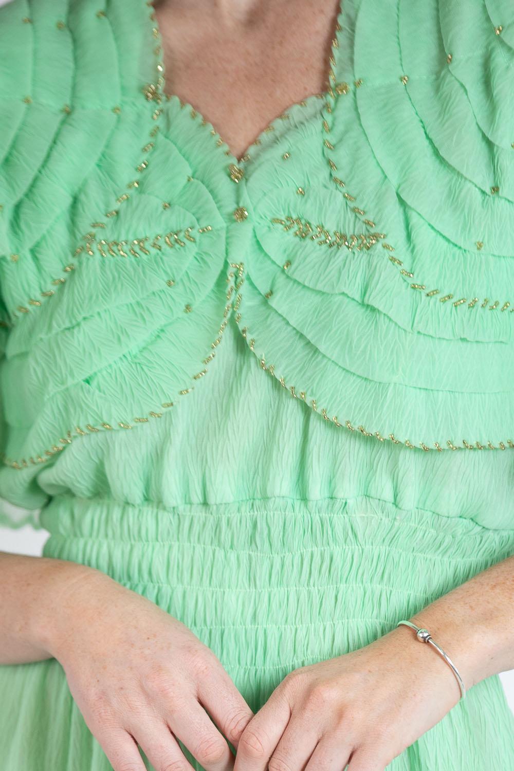 1970S Jade Grün Poly/Nylon Kleid mit Couture detaillierte Perlen Mieder im Angebot 6