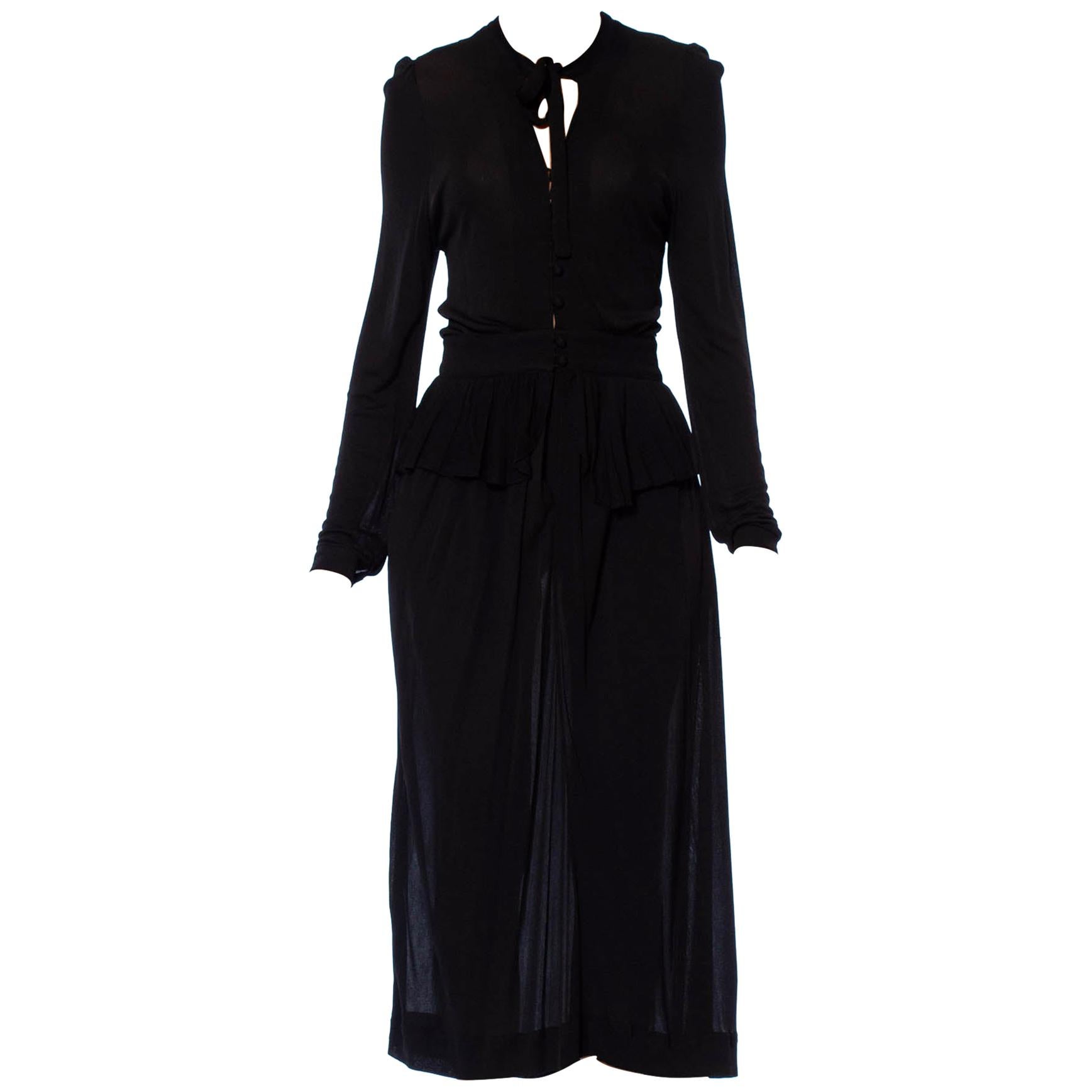 1970S JAEGER Black Rayon Jersey Ossie Clark Style Long Sleeve Dress