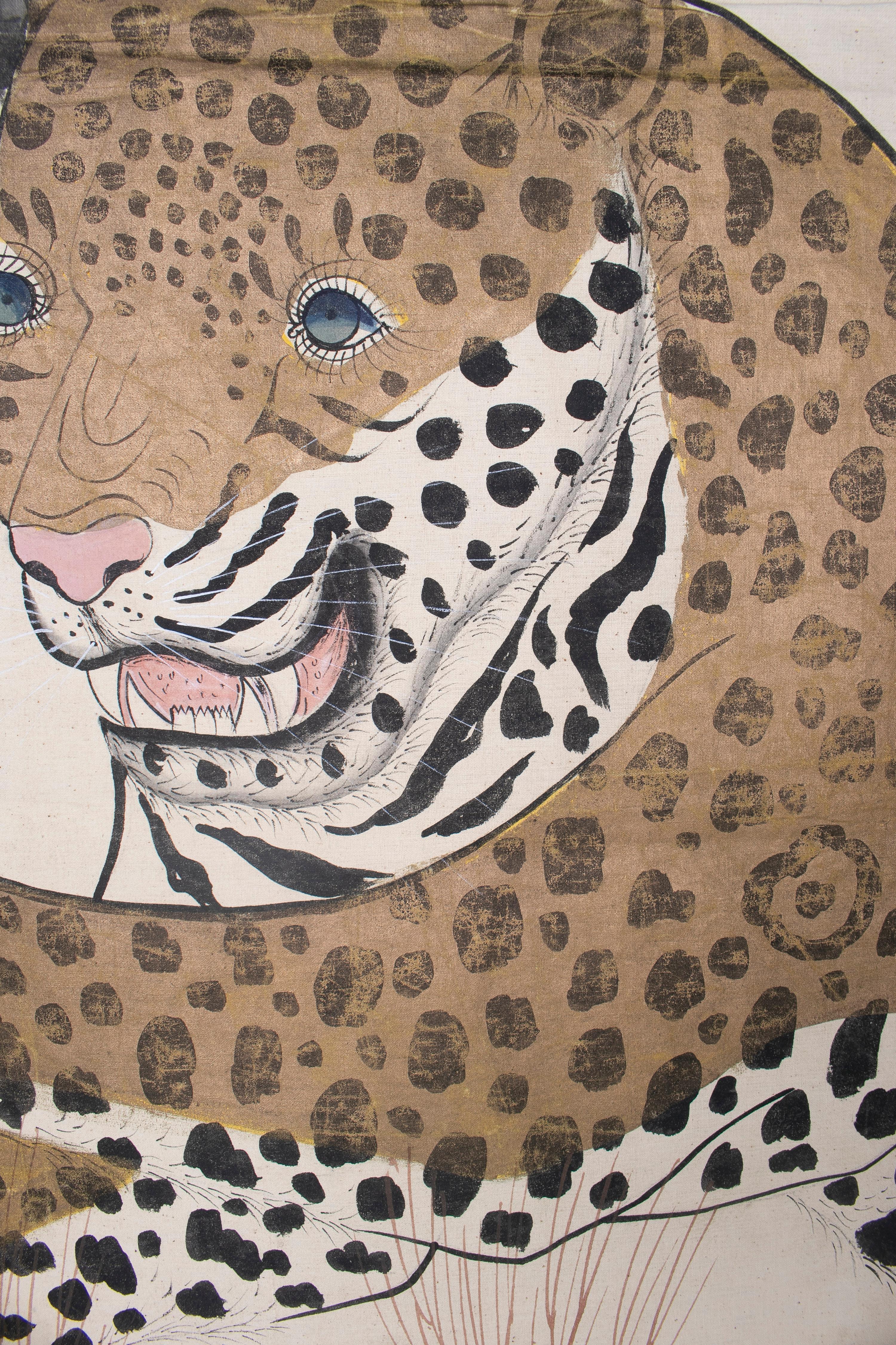Indian 1970s Jaime Parlade Designer Hand Drawn Cheetah on Canvas